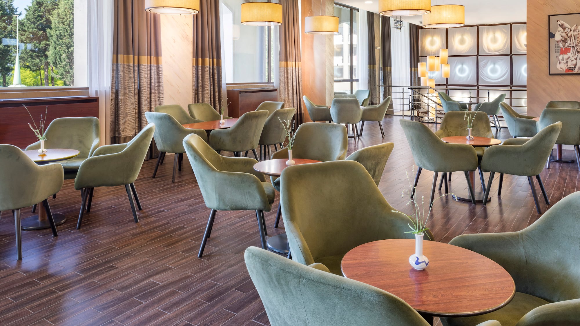 a room with tables and chairs