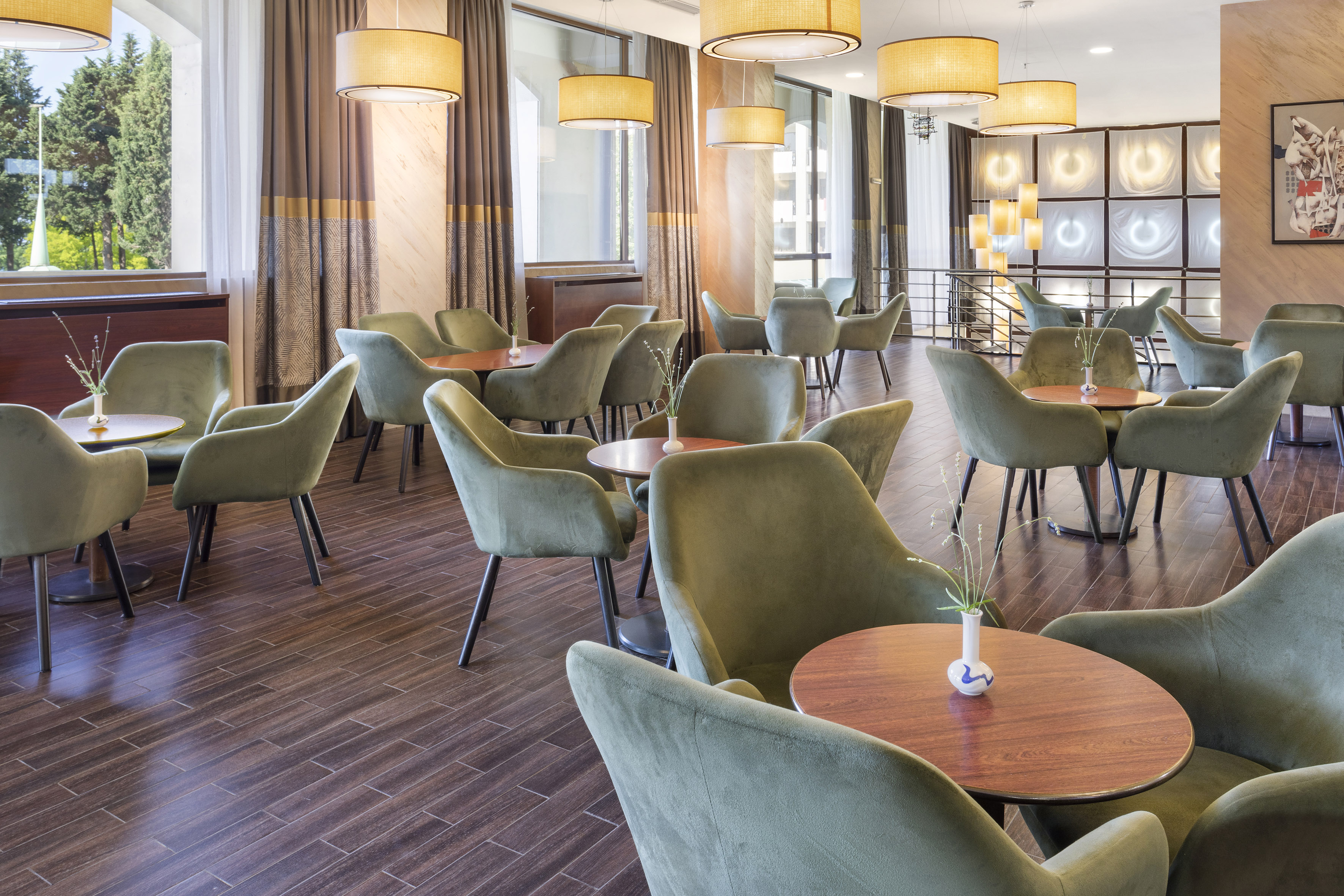 a room with tables and chairs