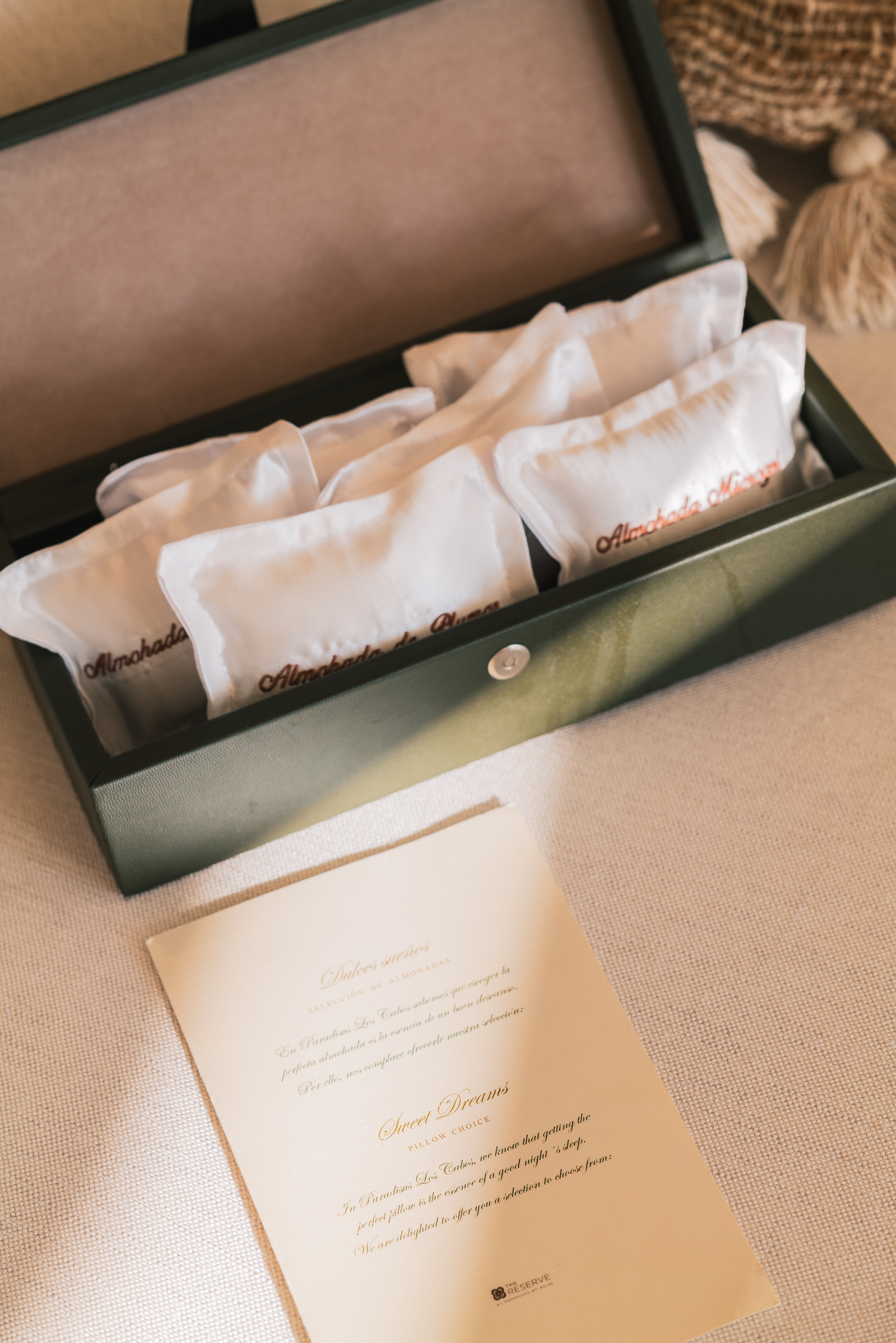 Luxury pillow menu box with feather and microfiber pillow choices.