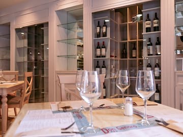 wine glasses on a table in a restaurant
