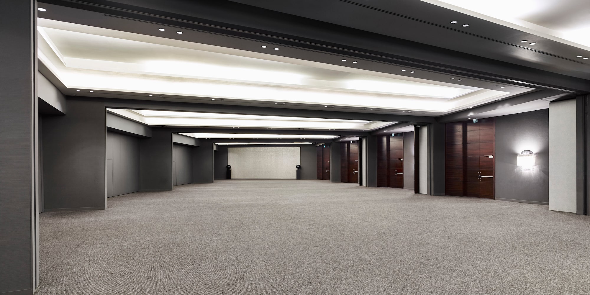 a room with brown carpet and doors