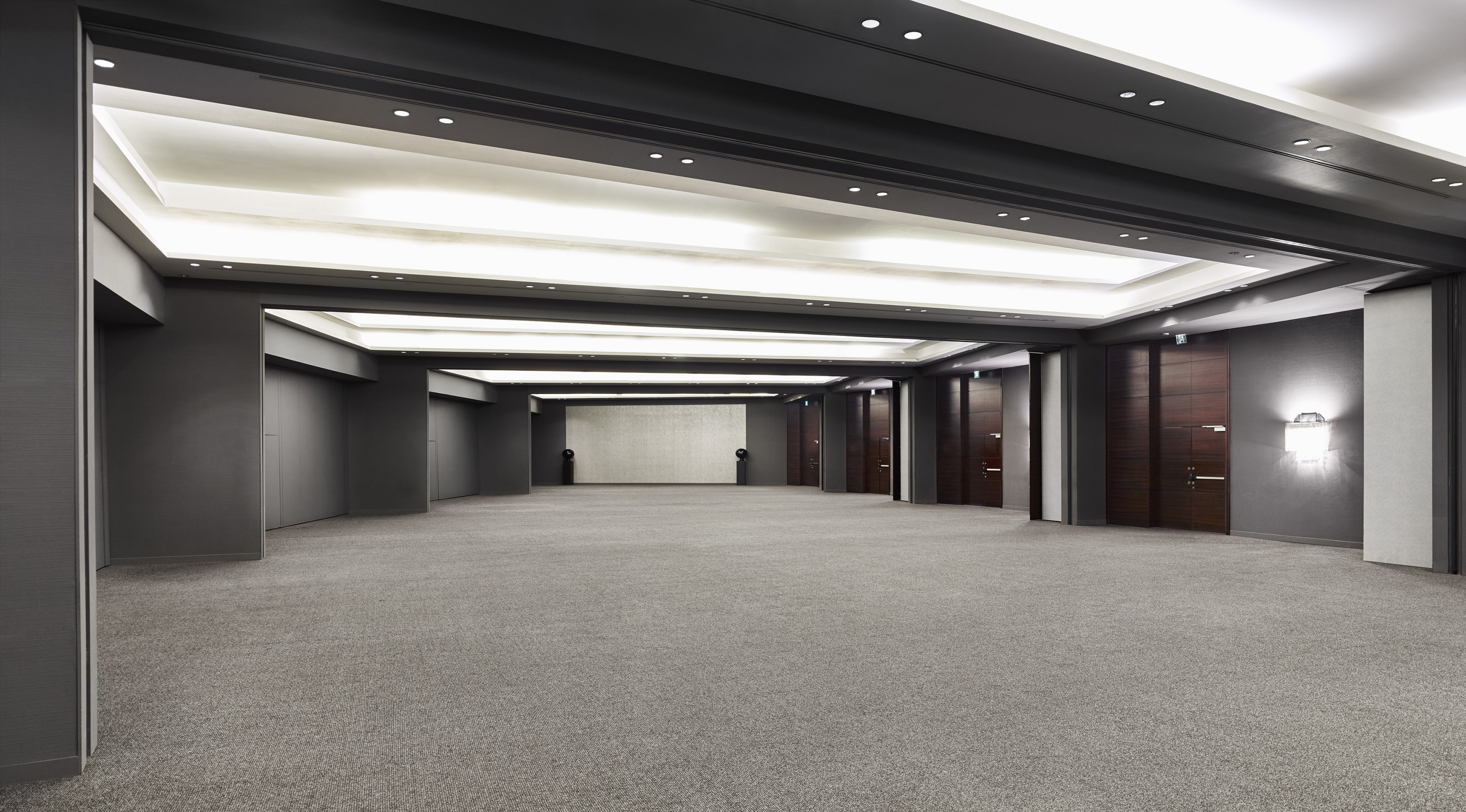 a room with brown carpet and doors