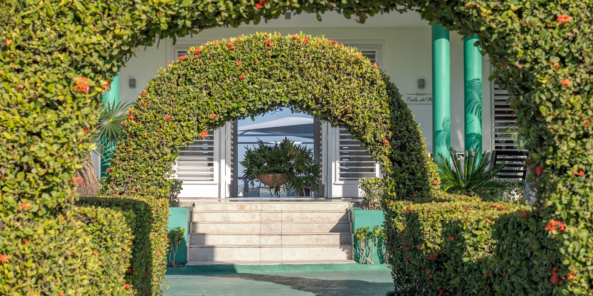 a green arch with bushes and a white building