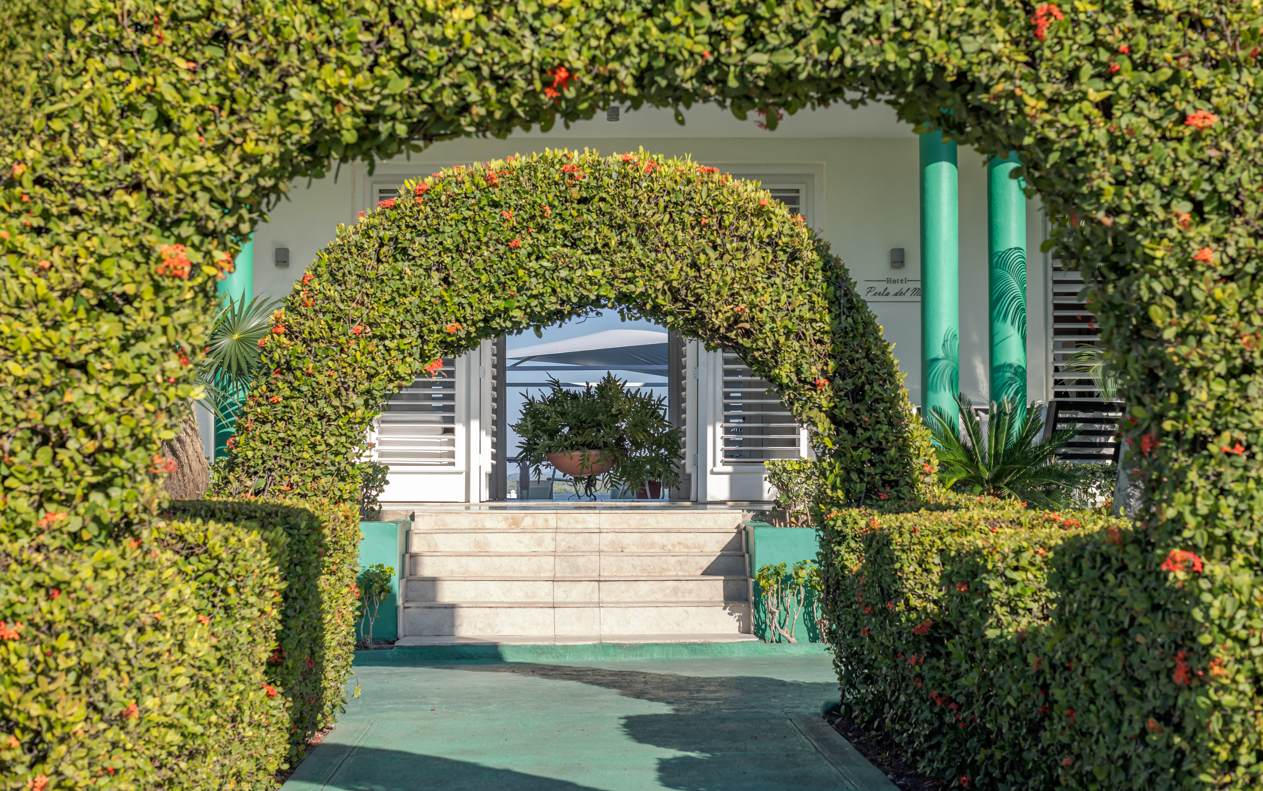 a green arch with bushes and a white building