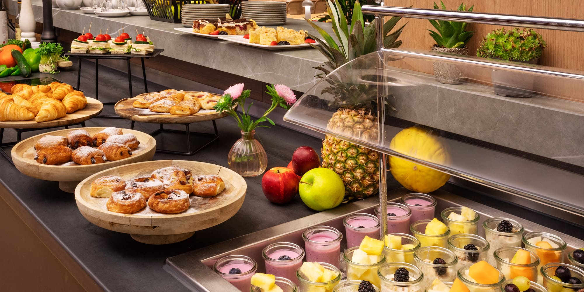 a buffet with food on it