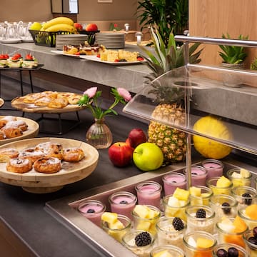 a buffet with food on it