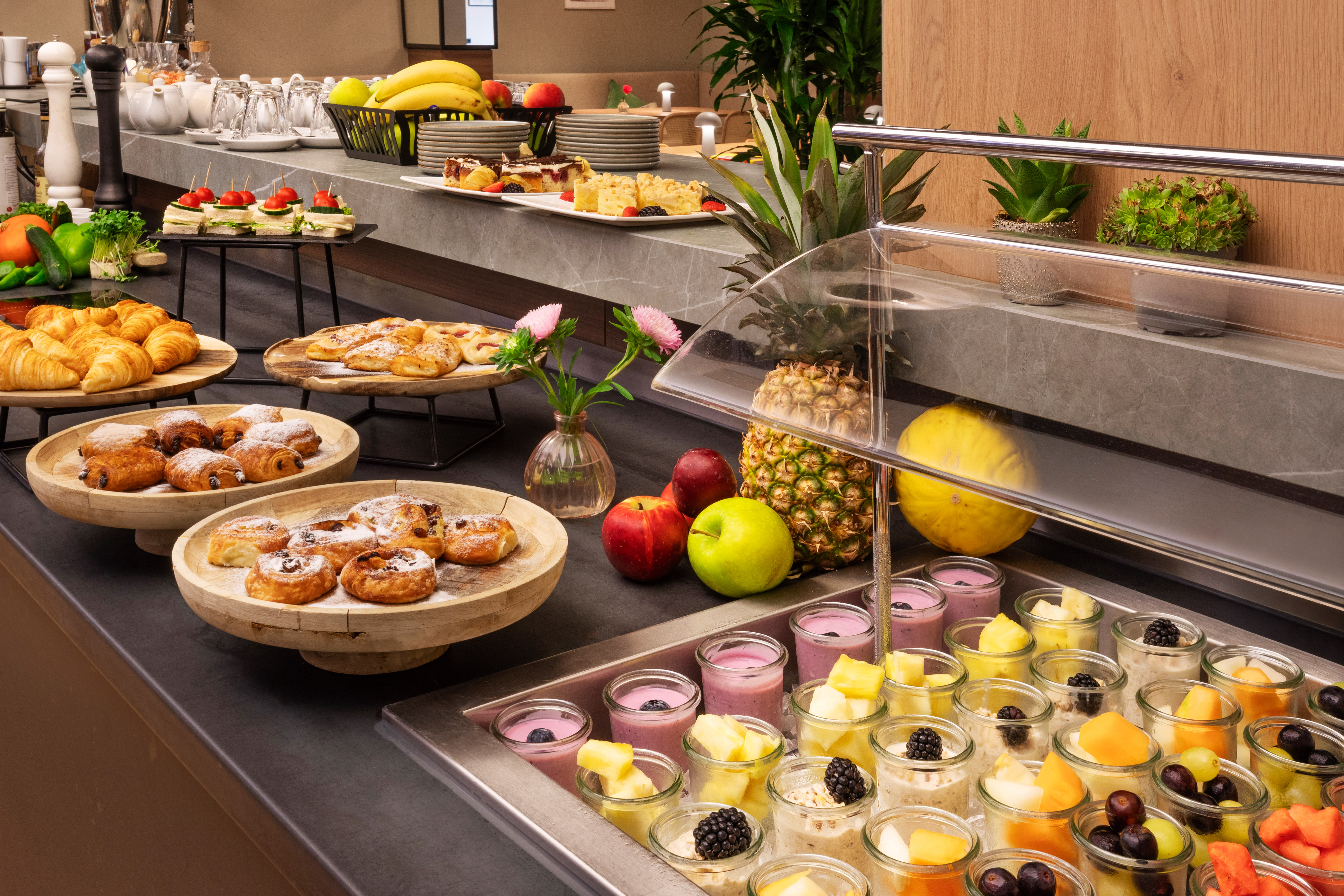 a buffet with food on it