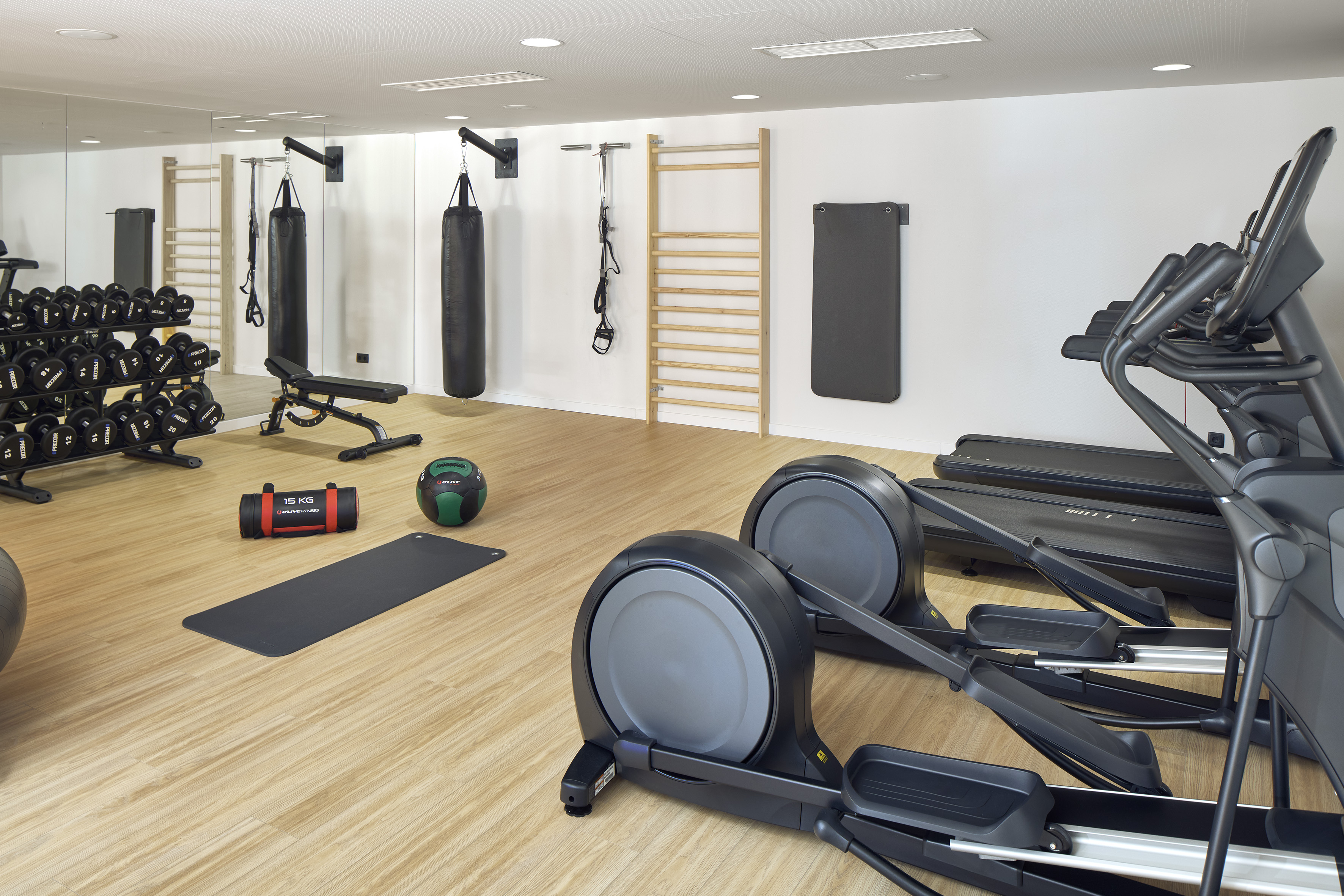 Modern gym with cardio and weightlifting equipment, punching bags, and mats.