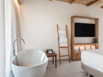 a bathroom with a tub and a tv