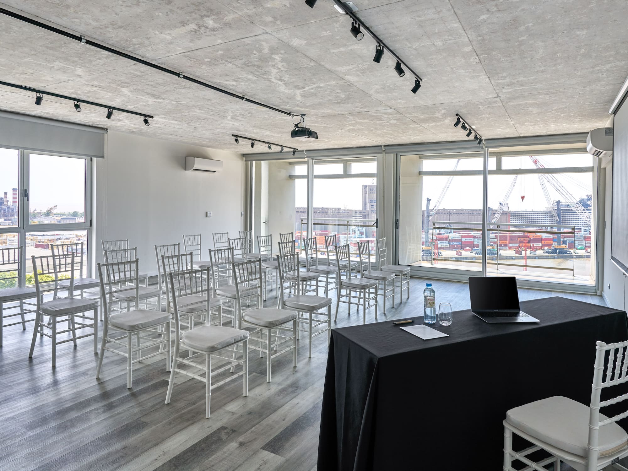 a room with a table and chairs