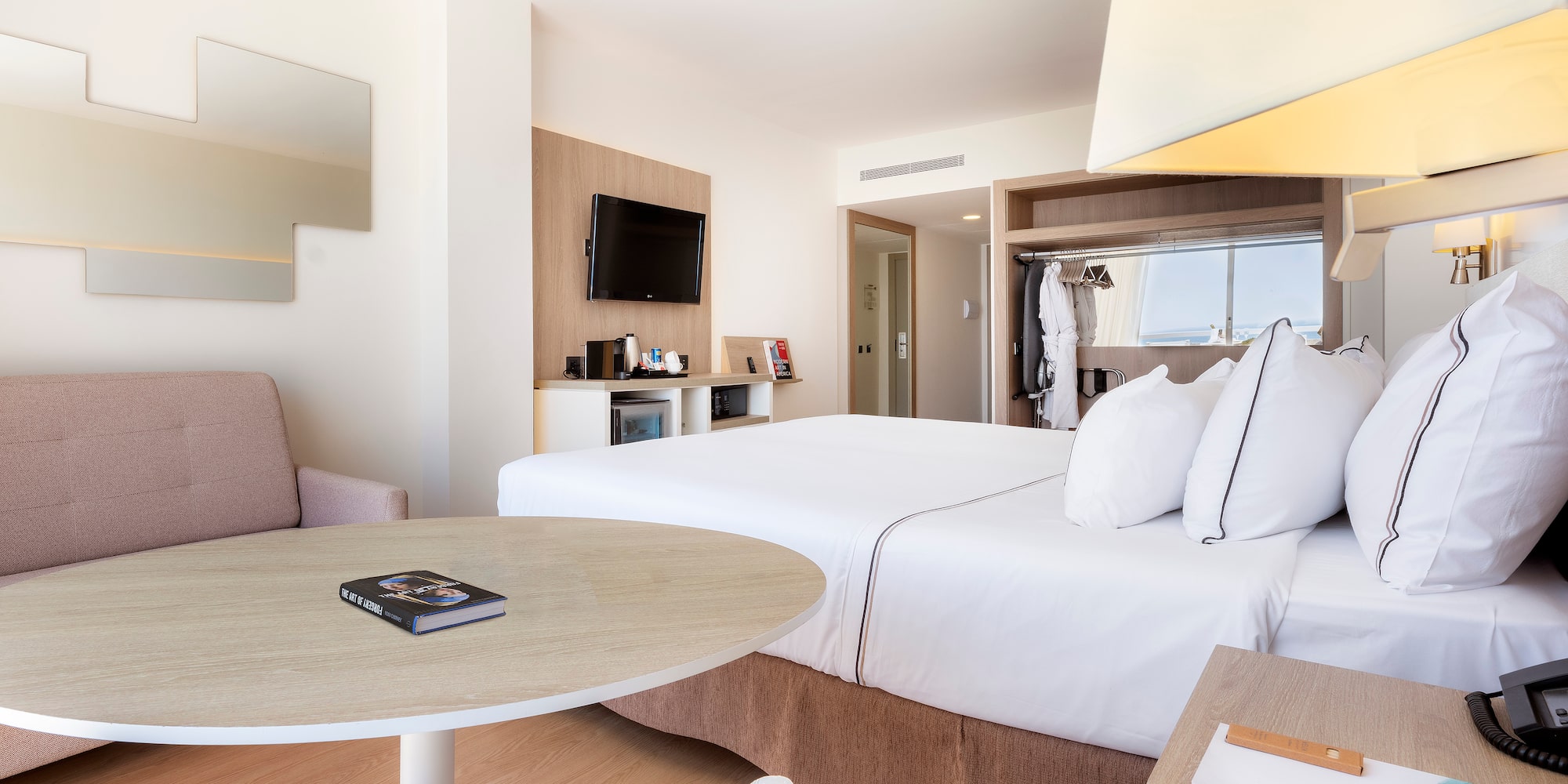 a room with a bed and a table