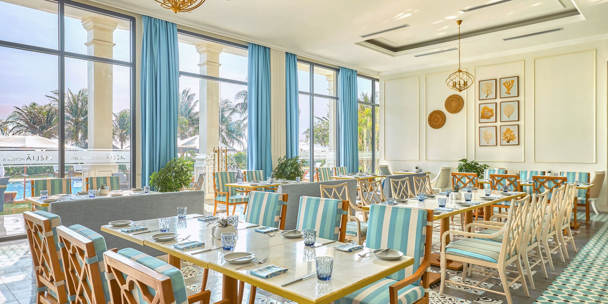 a room with tables and chairs