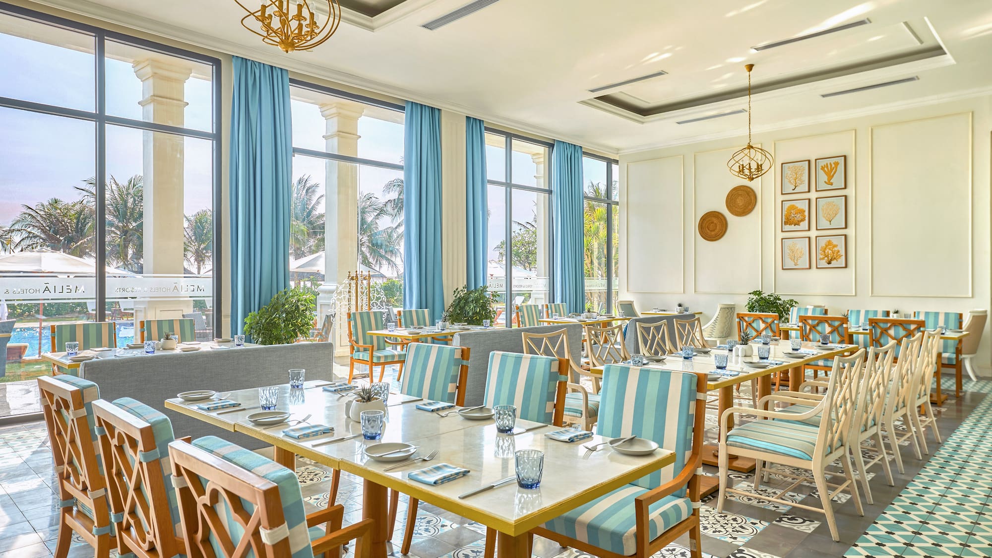 a room with tables and chairs