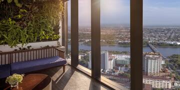 a room with a bench and a plant on the wall