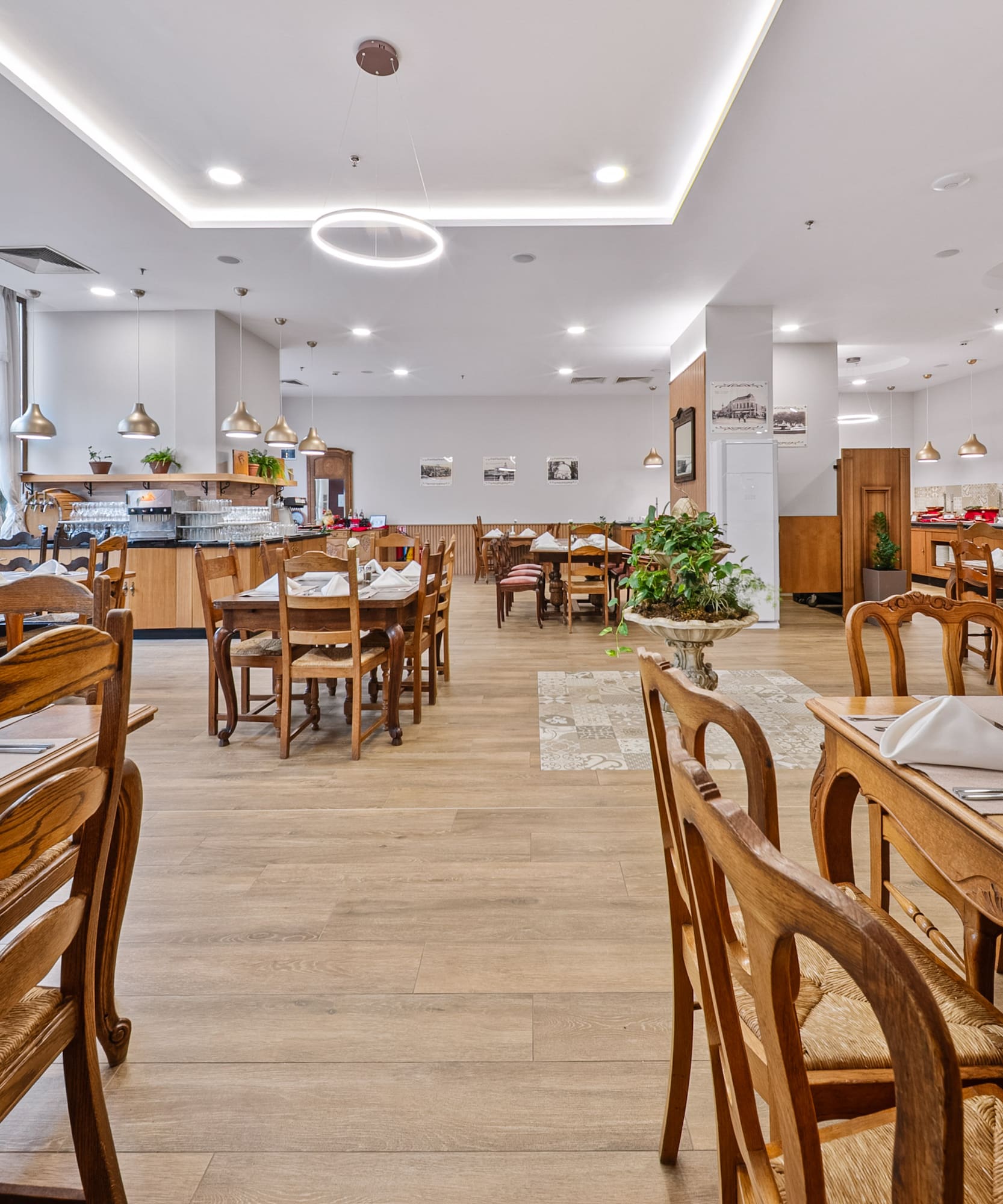 a room with tables and chairs