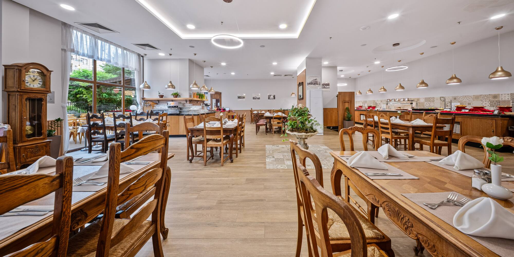 a room with tables and chairs