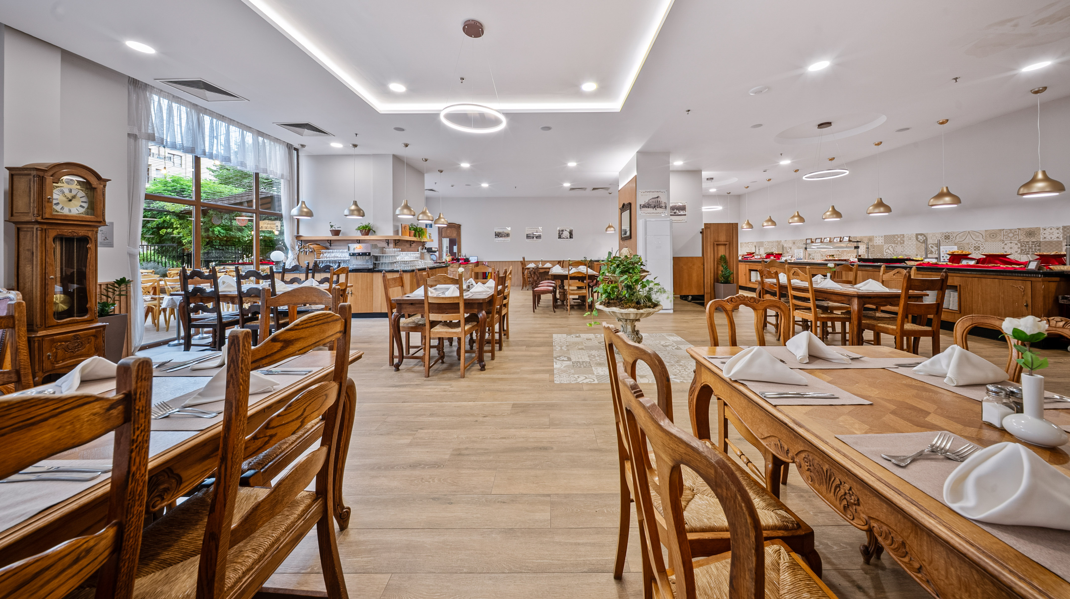 a room with tables and chairs