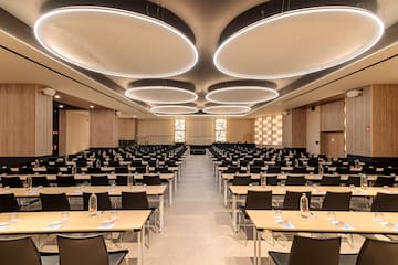 a room with tables and chairs