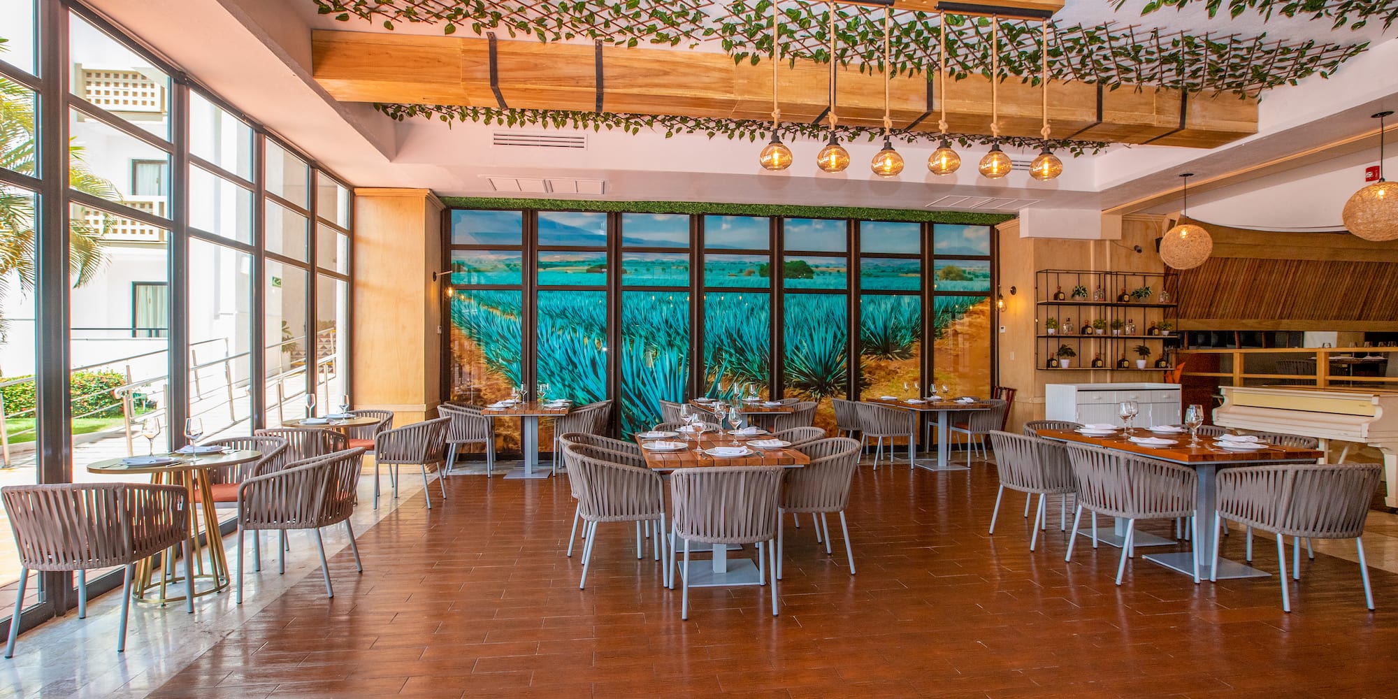 a room with tables and chairs