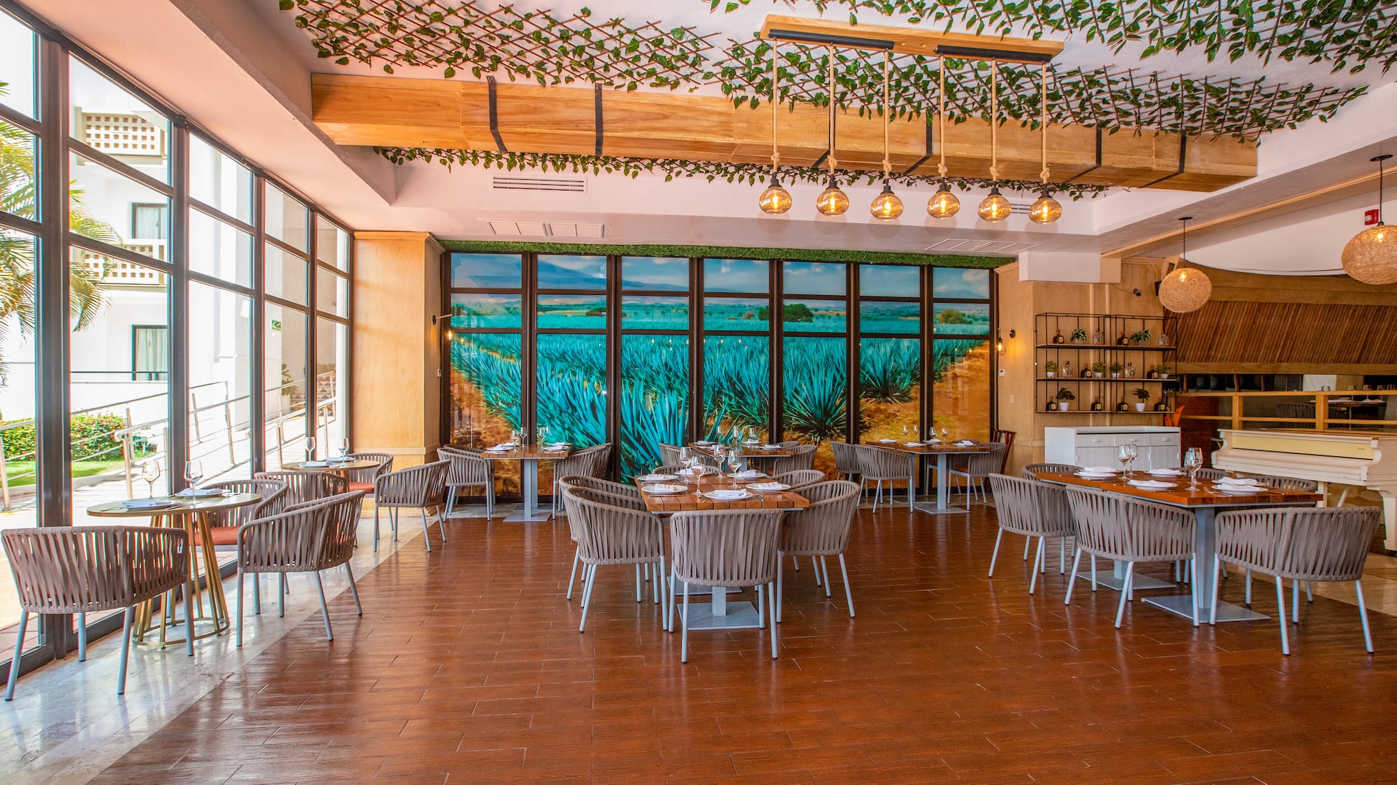 a room with tables and chairs