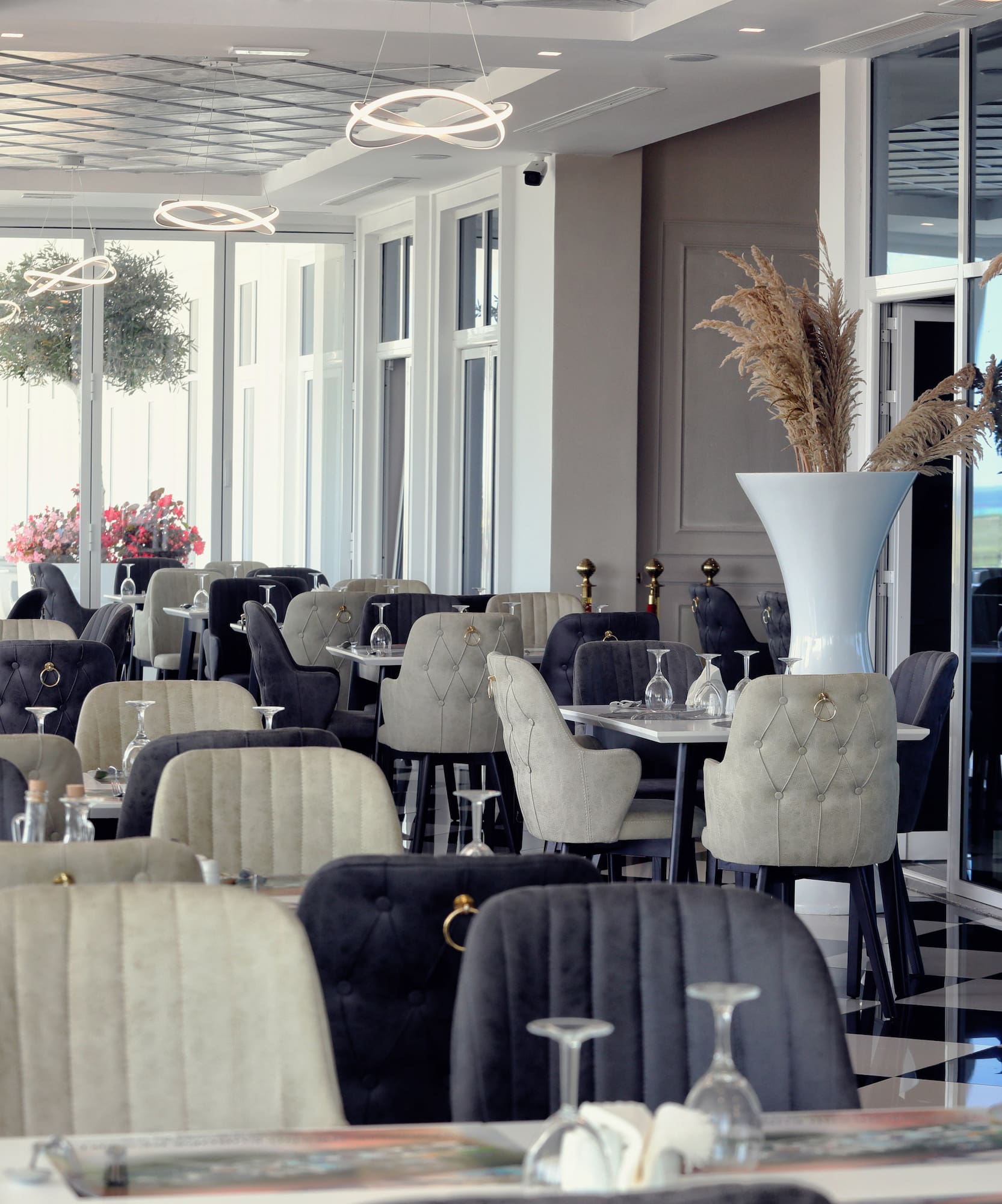 a room with tables and chairs