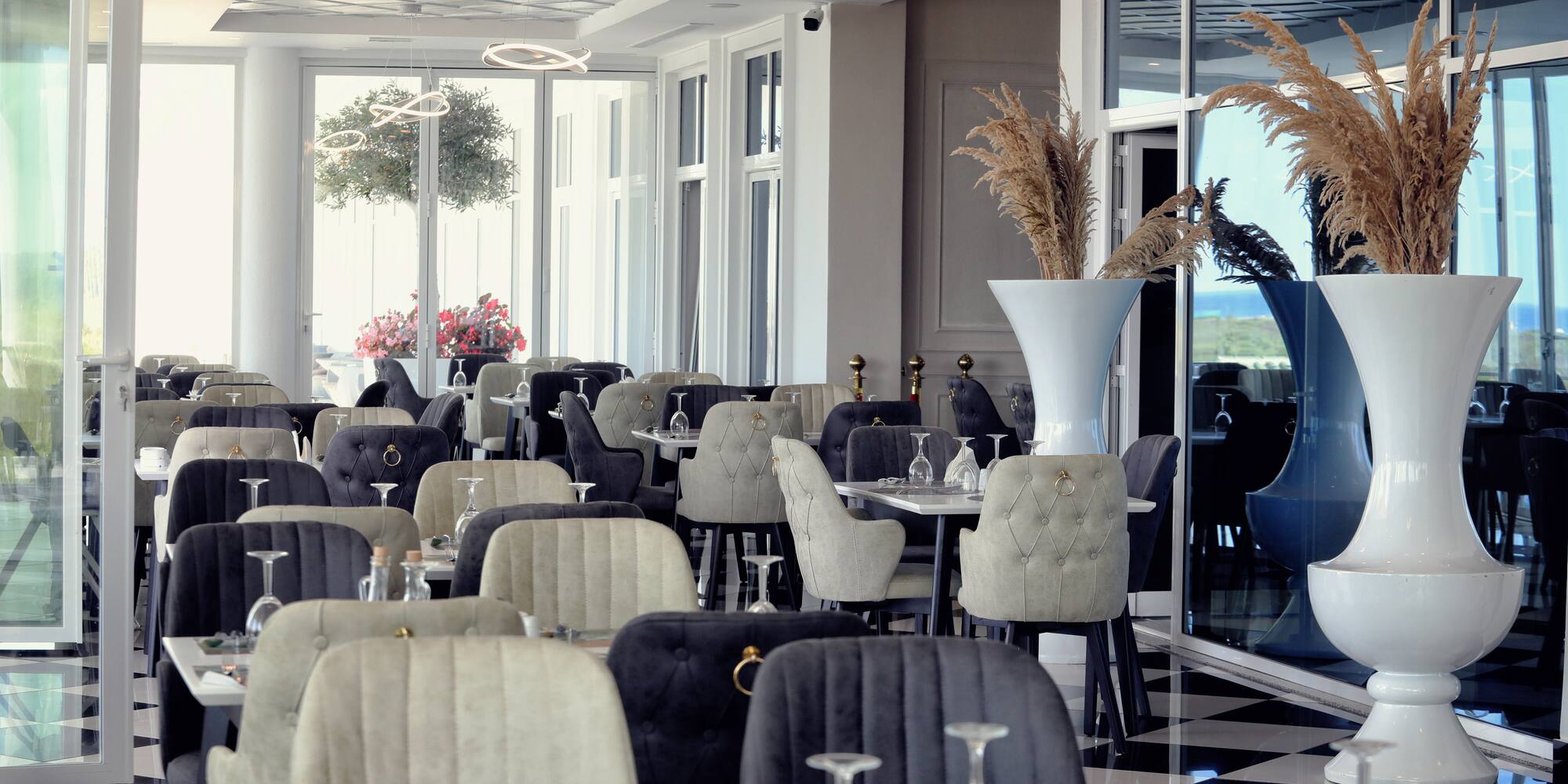 a room with tables and chairs