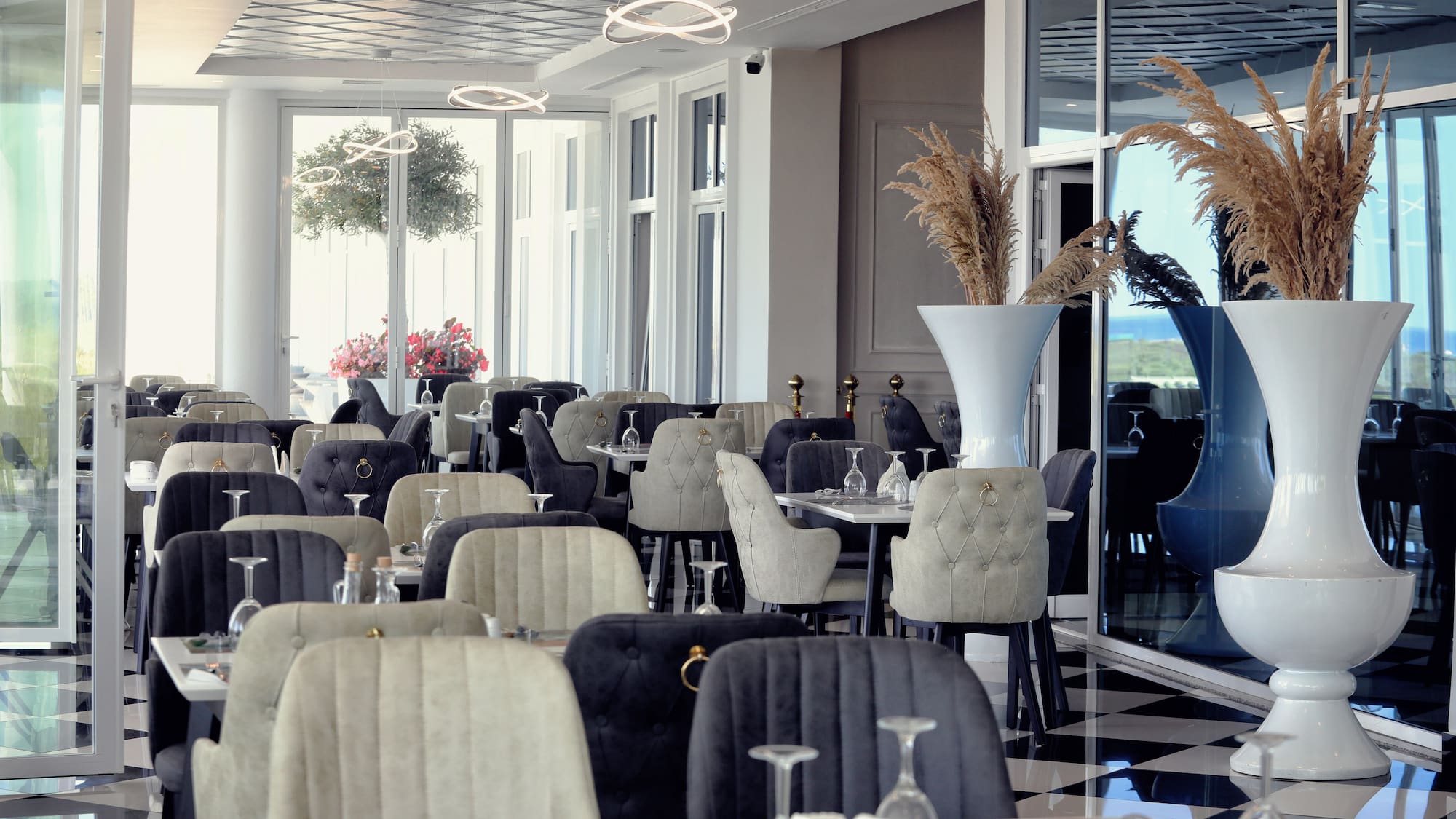 a room with tables and chairs