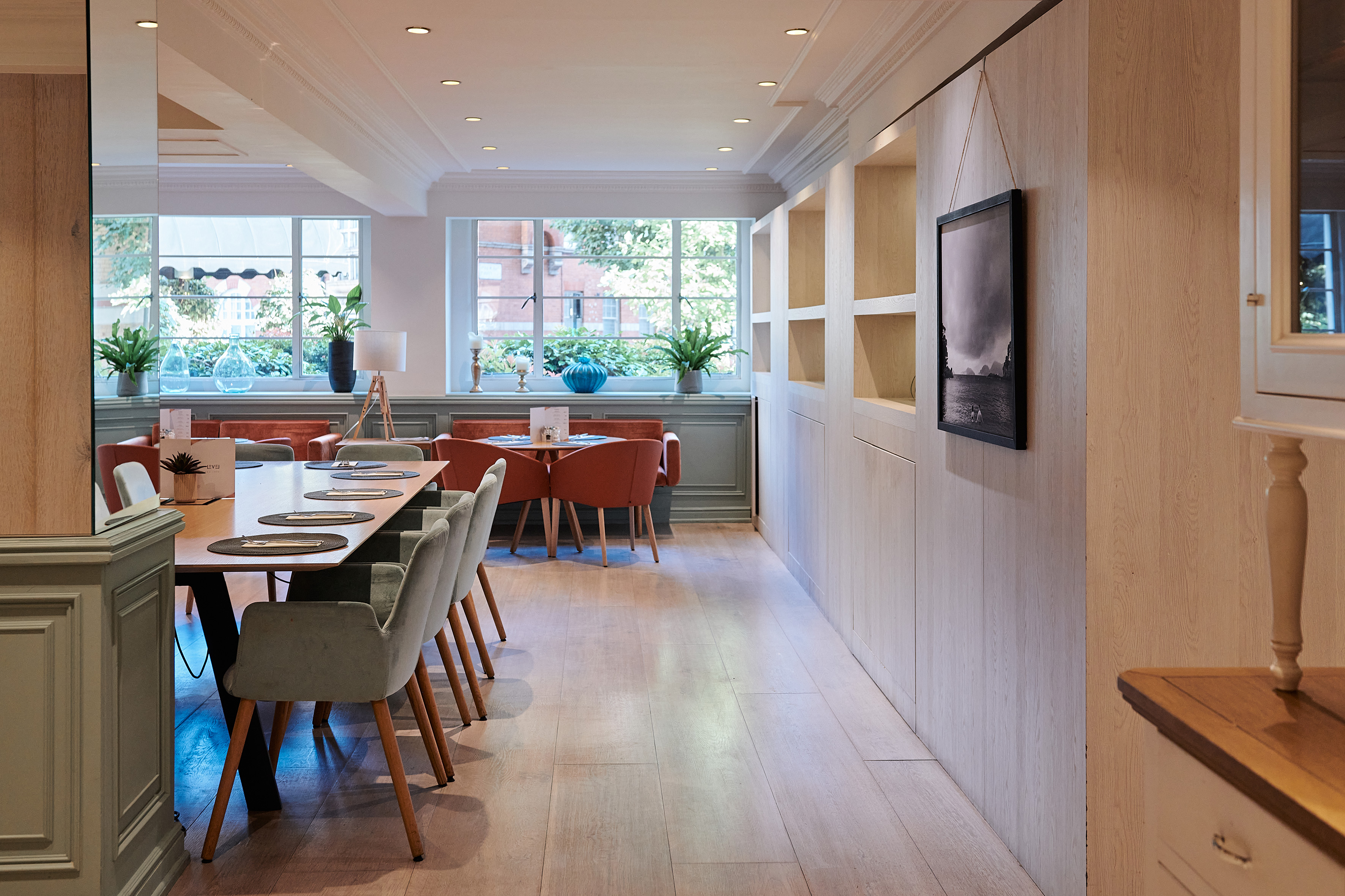 a room with a table and chairs