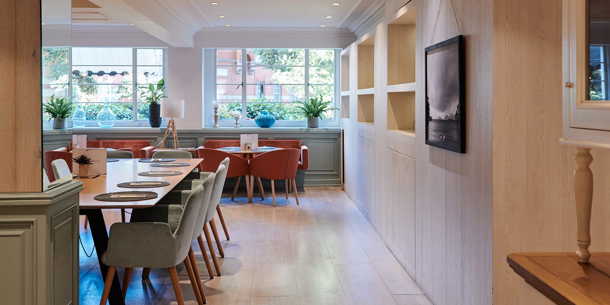 a room with a table and chairs