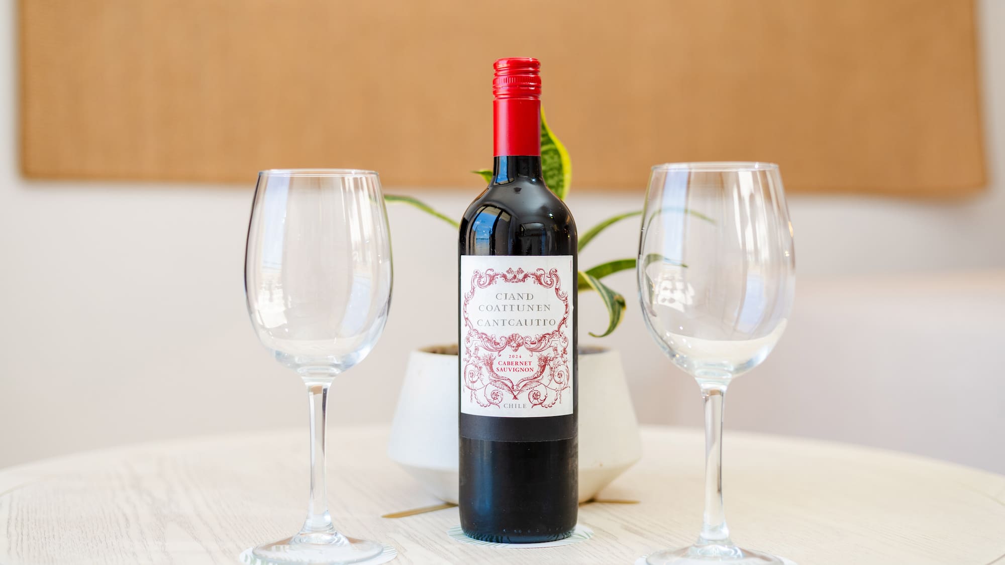 a bottle of wine and two empty wine glasses