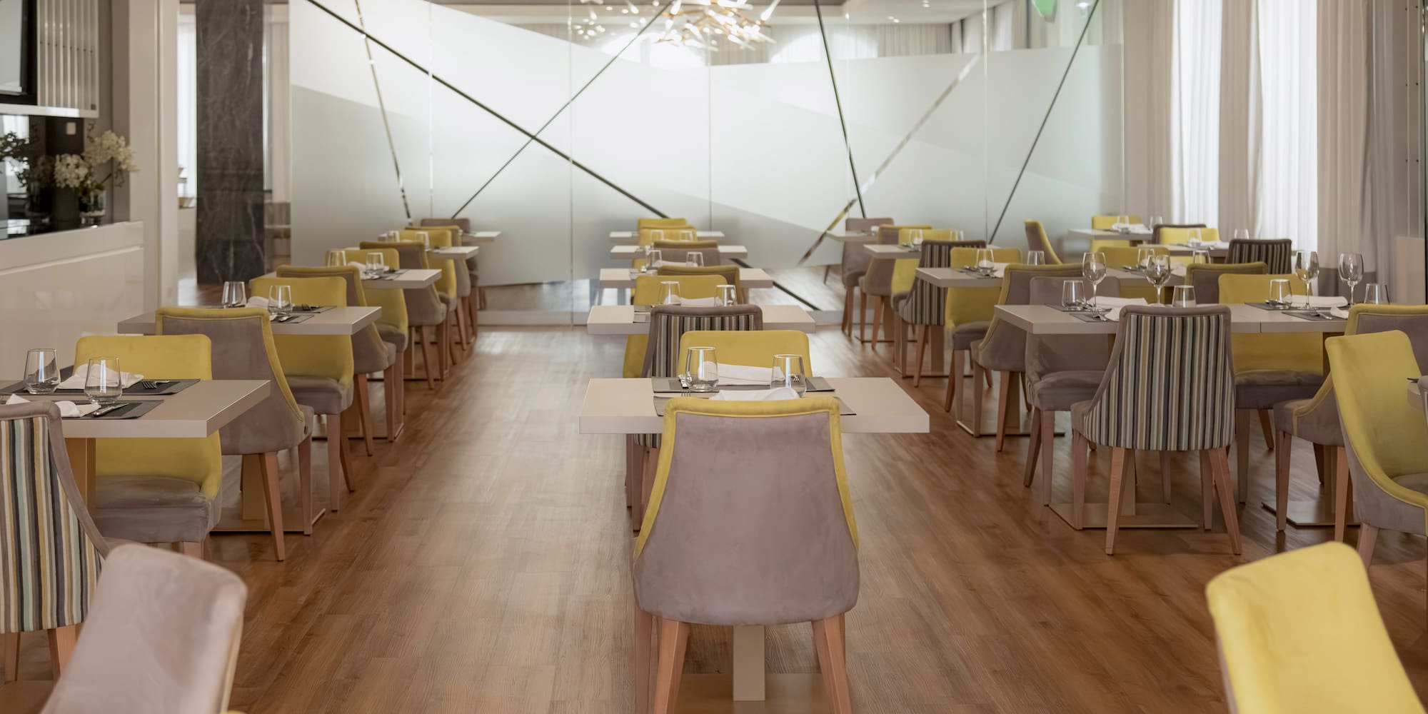 a room with tables and chairs