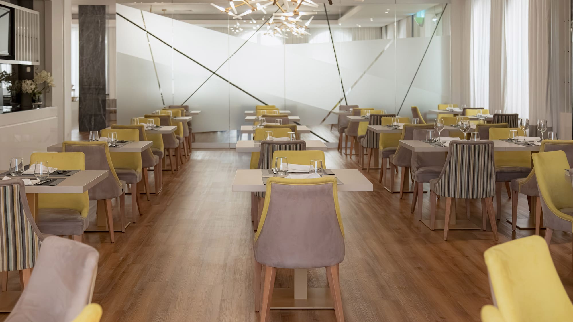 a room with tables and chairs