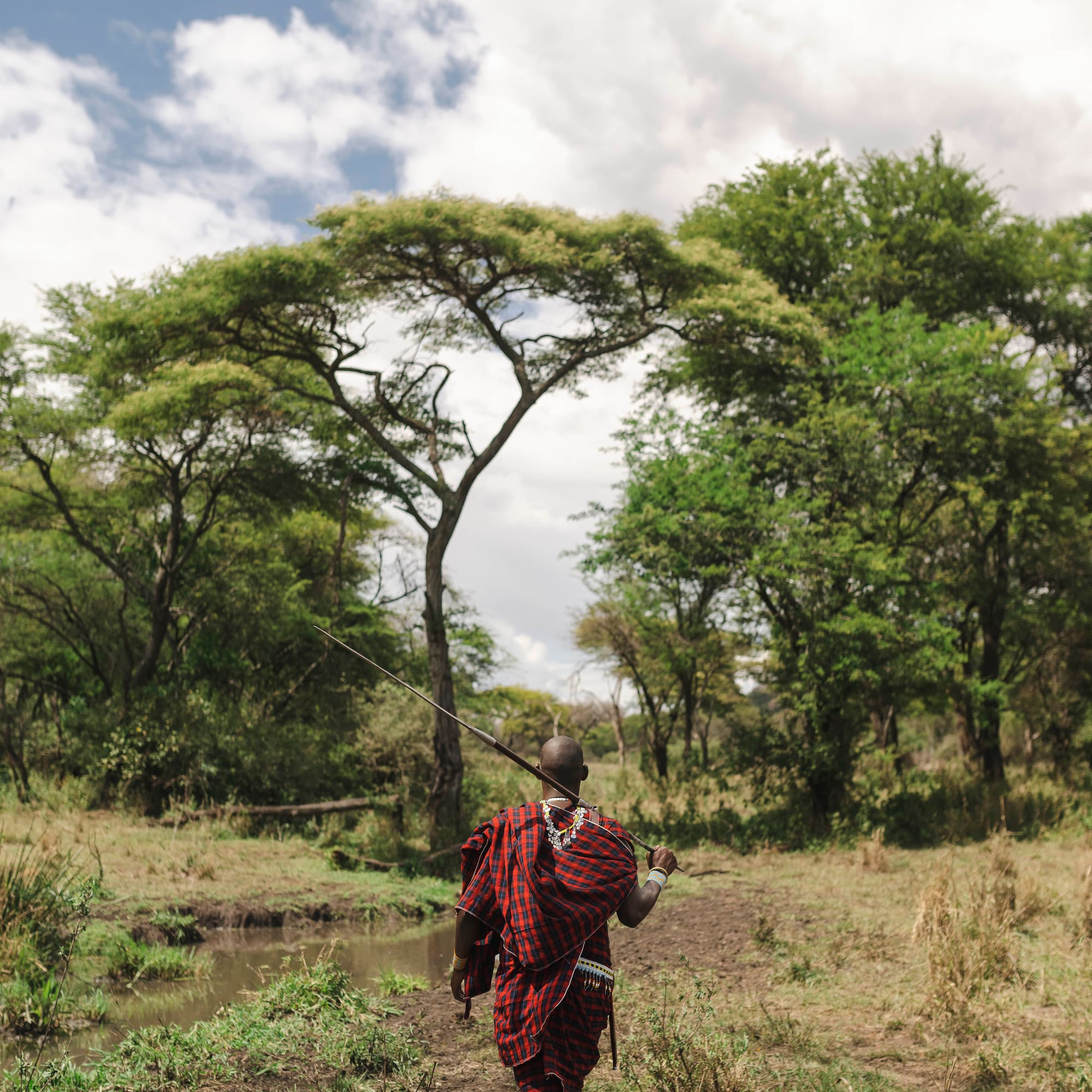 a man in a red and black robe walking through a forest