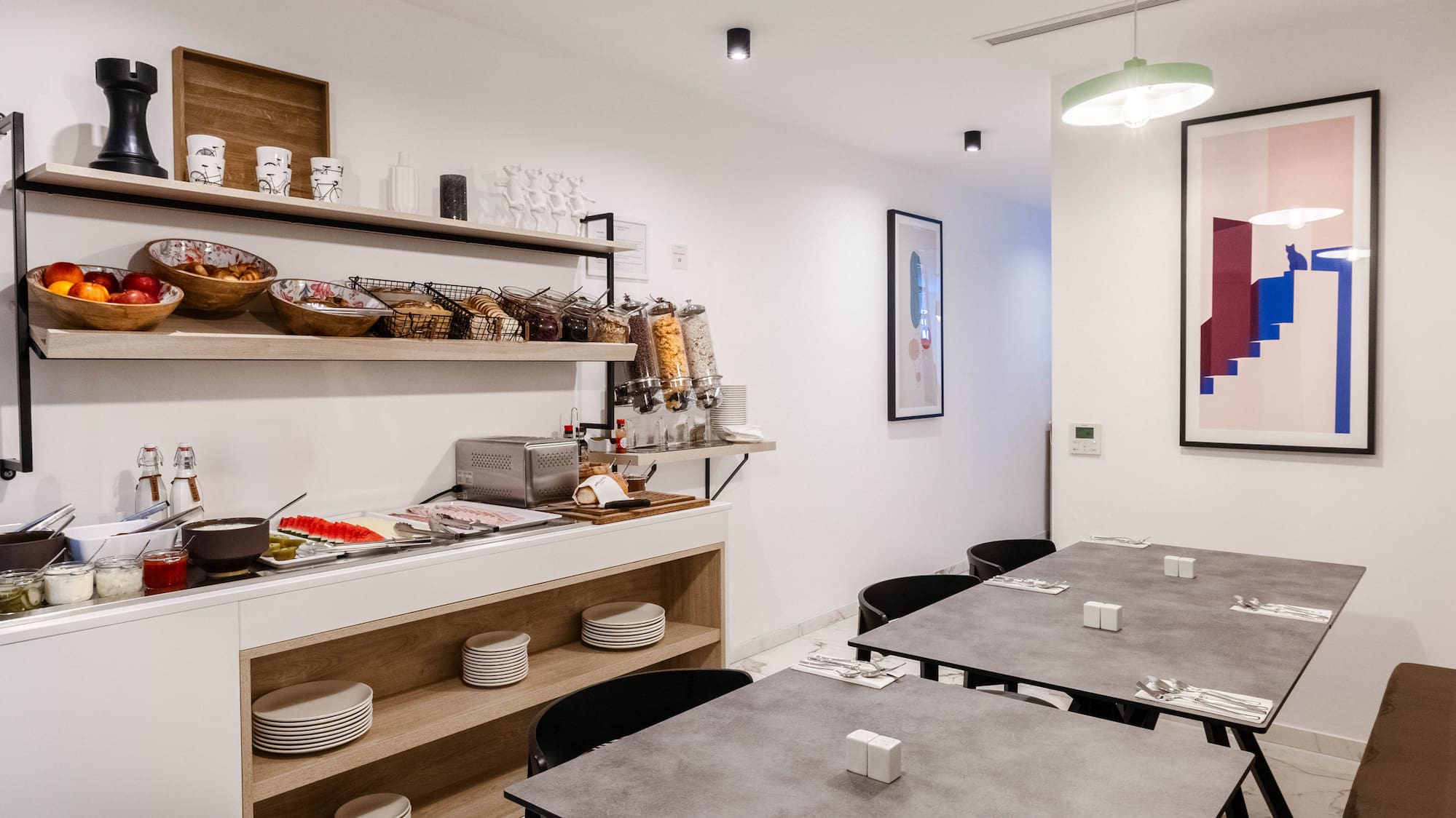 a room with a variety of objects on shelves
