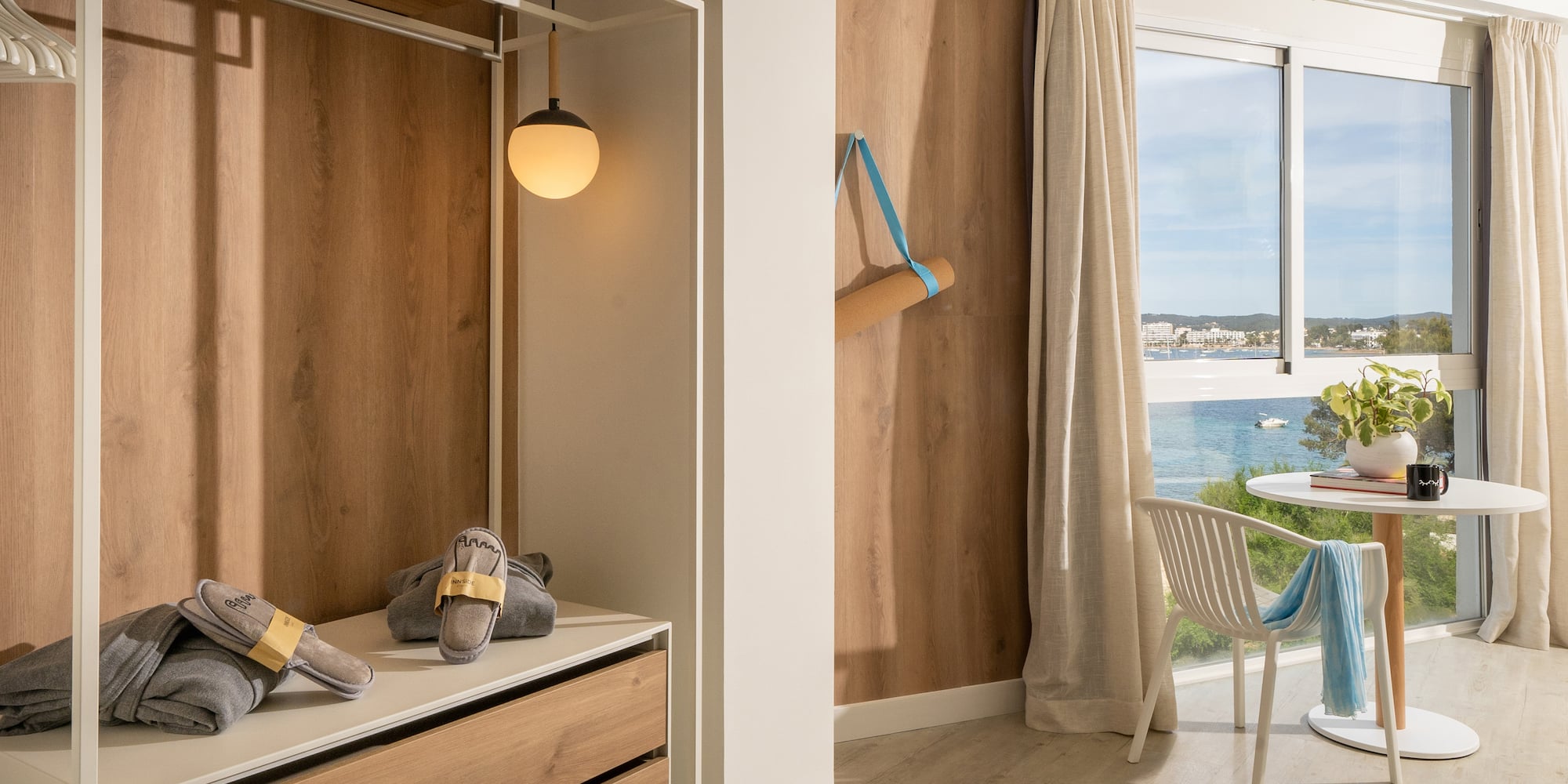 a room with a closet and a chair and a table