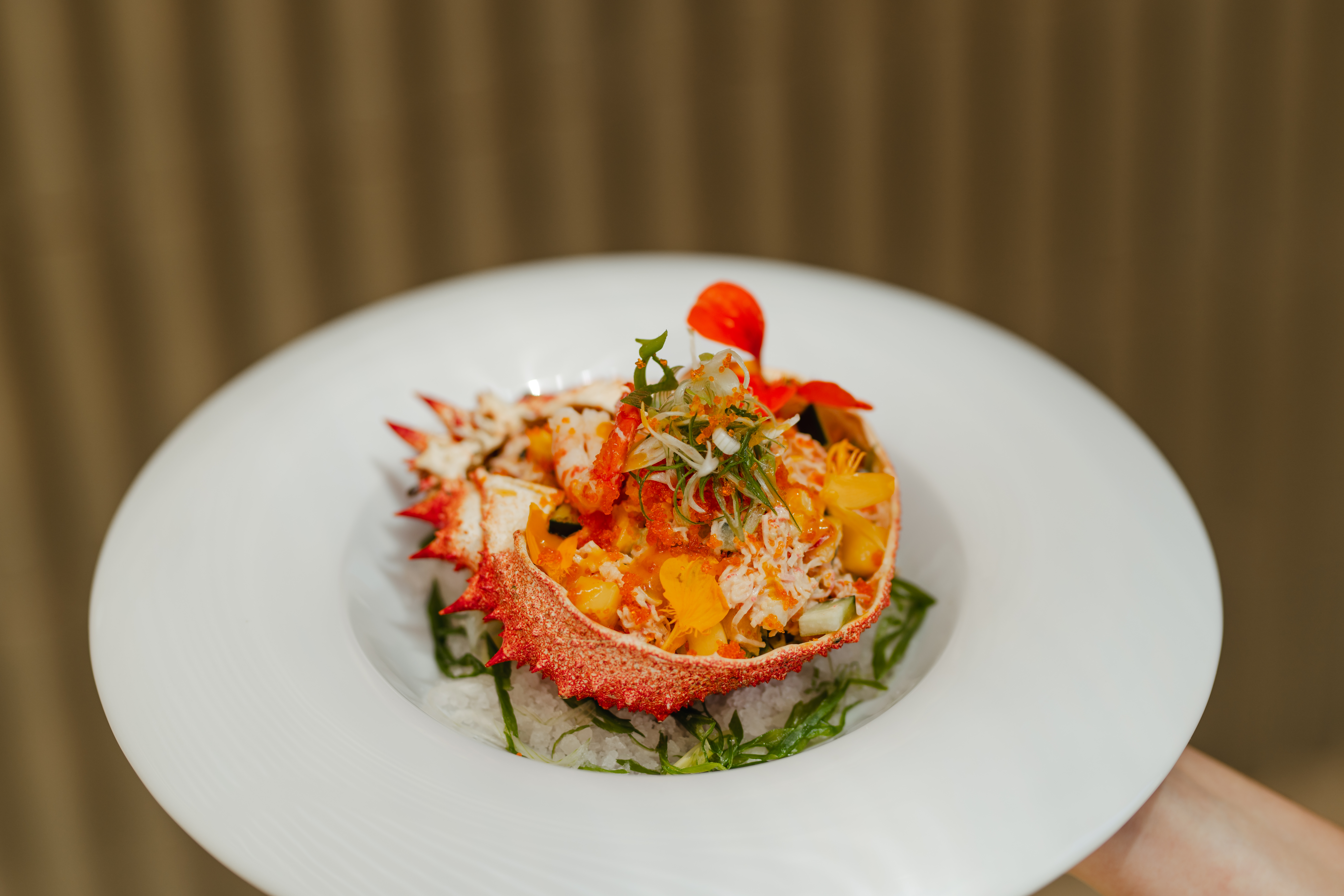 Red crab shell with crab meat, mango, scallions, and orange roe.