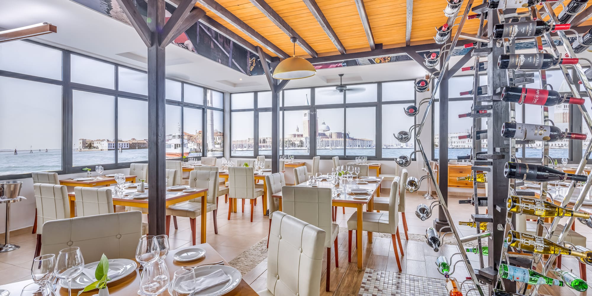 a room with tables and chairs