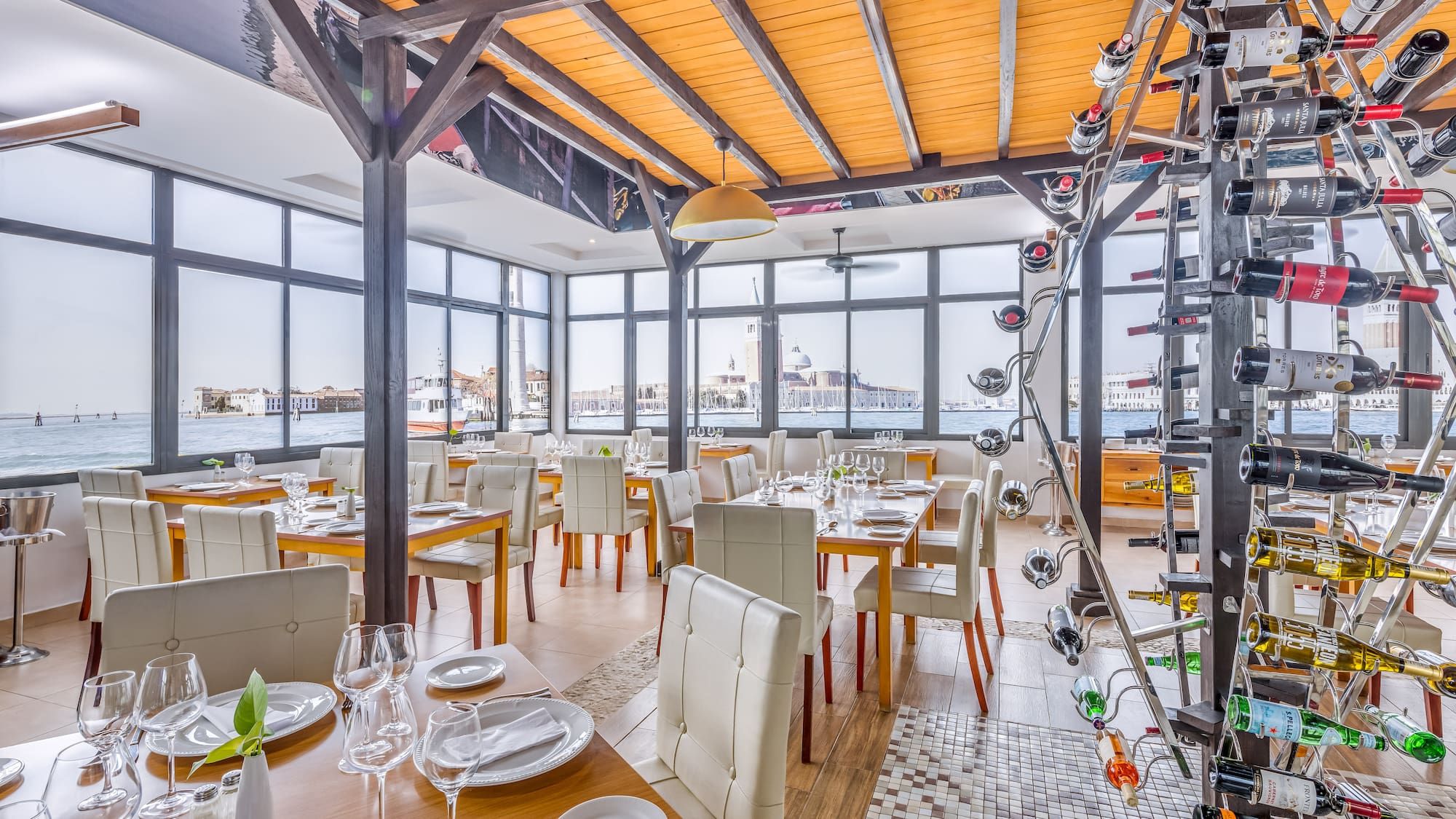 a room with tables and chairs