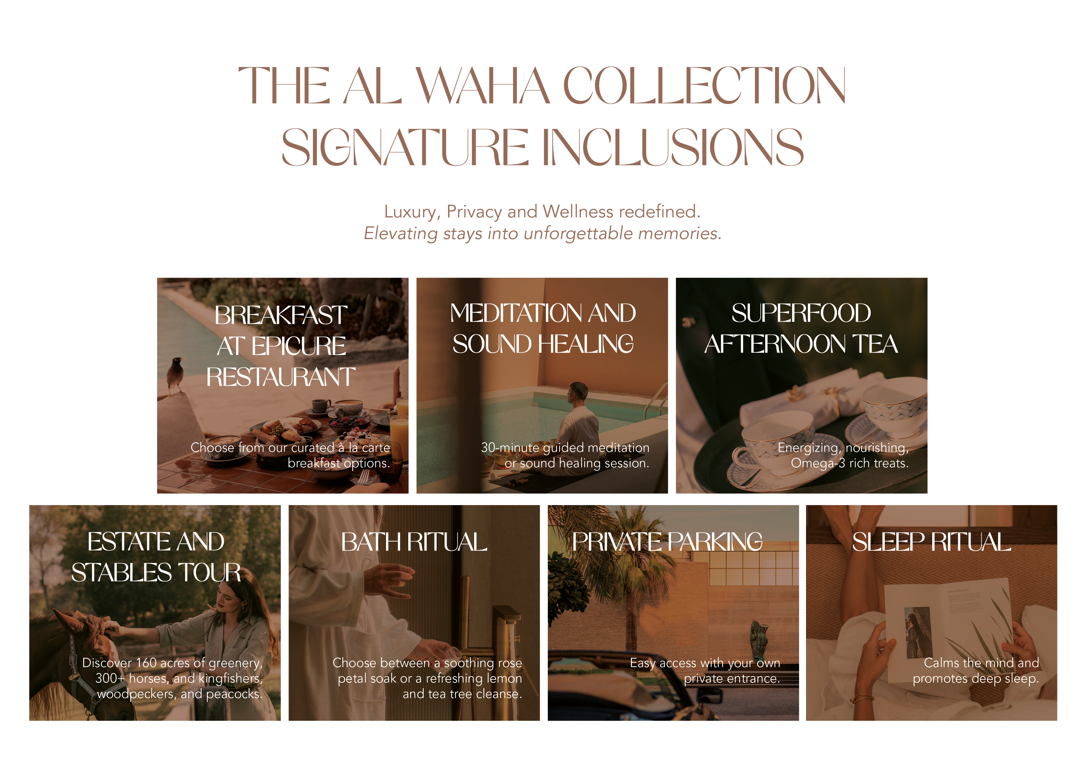 Al Waha Collection luxury resort signature inclusions: wellness, dining, and activities.