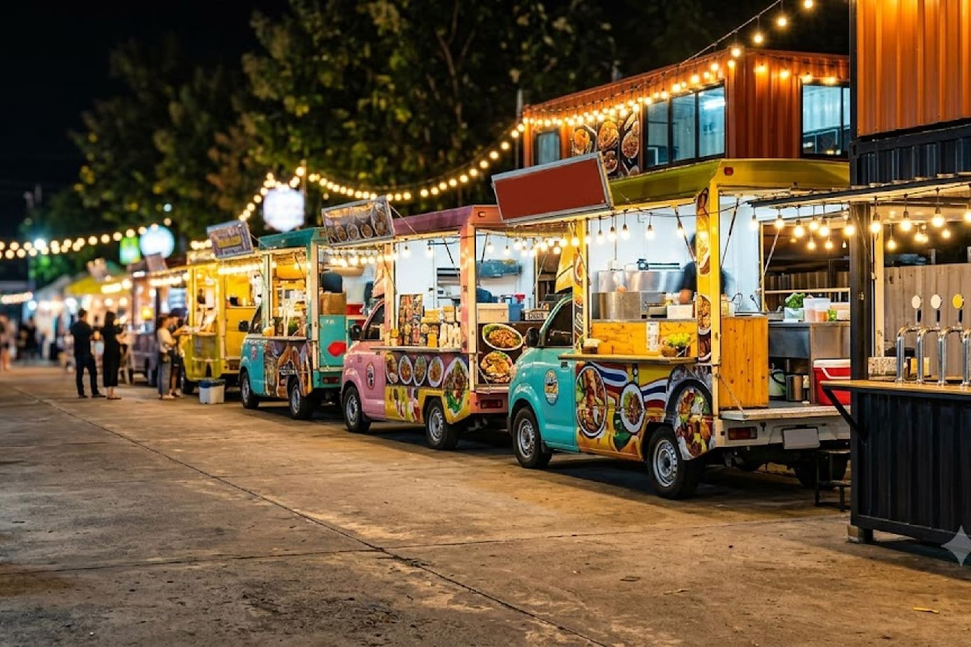 Colorful food trucks at a bustling night market under string lights.