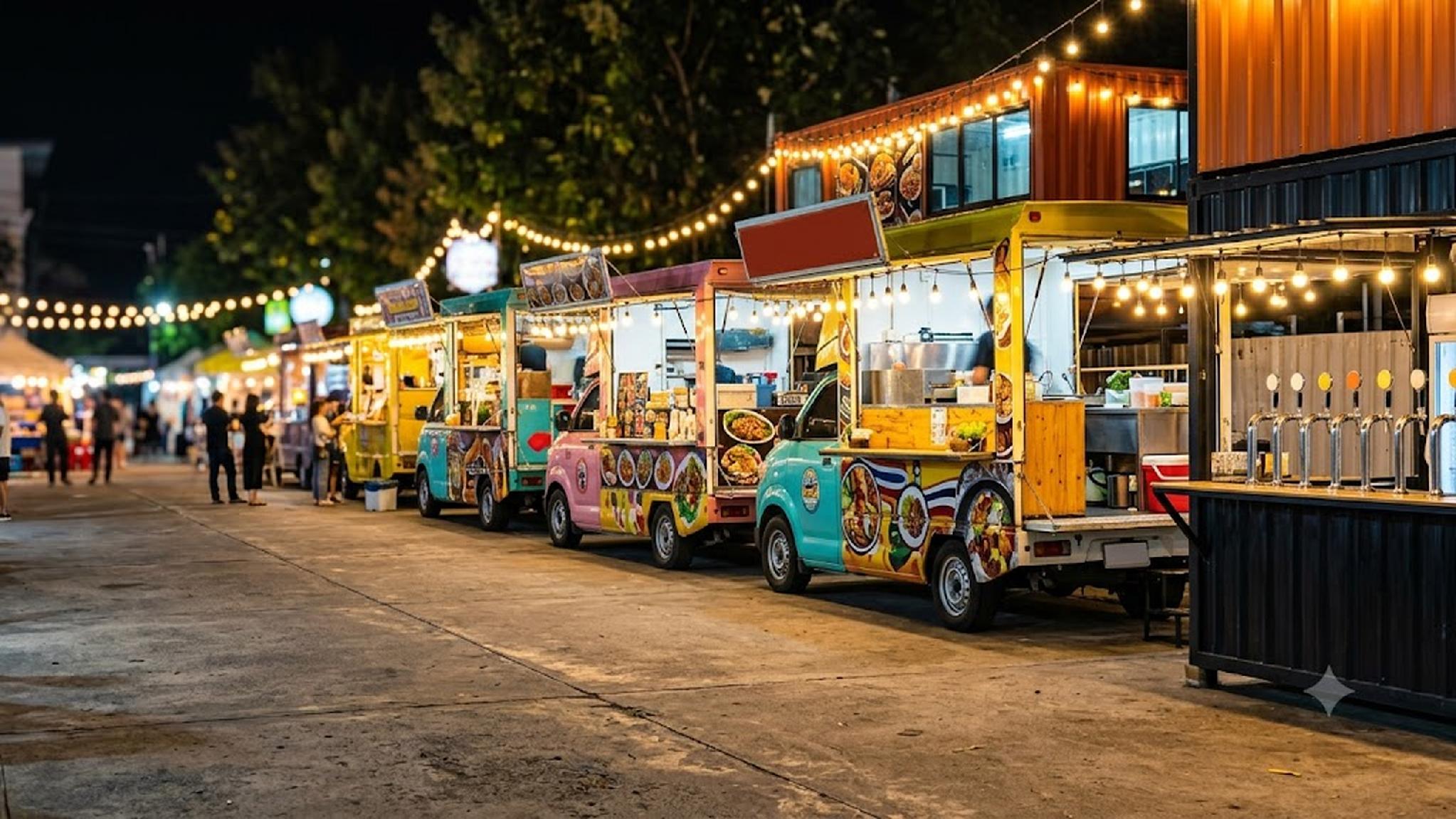 Colorful food trucks at a bustling night market under string lights.