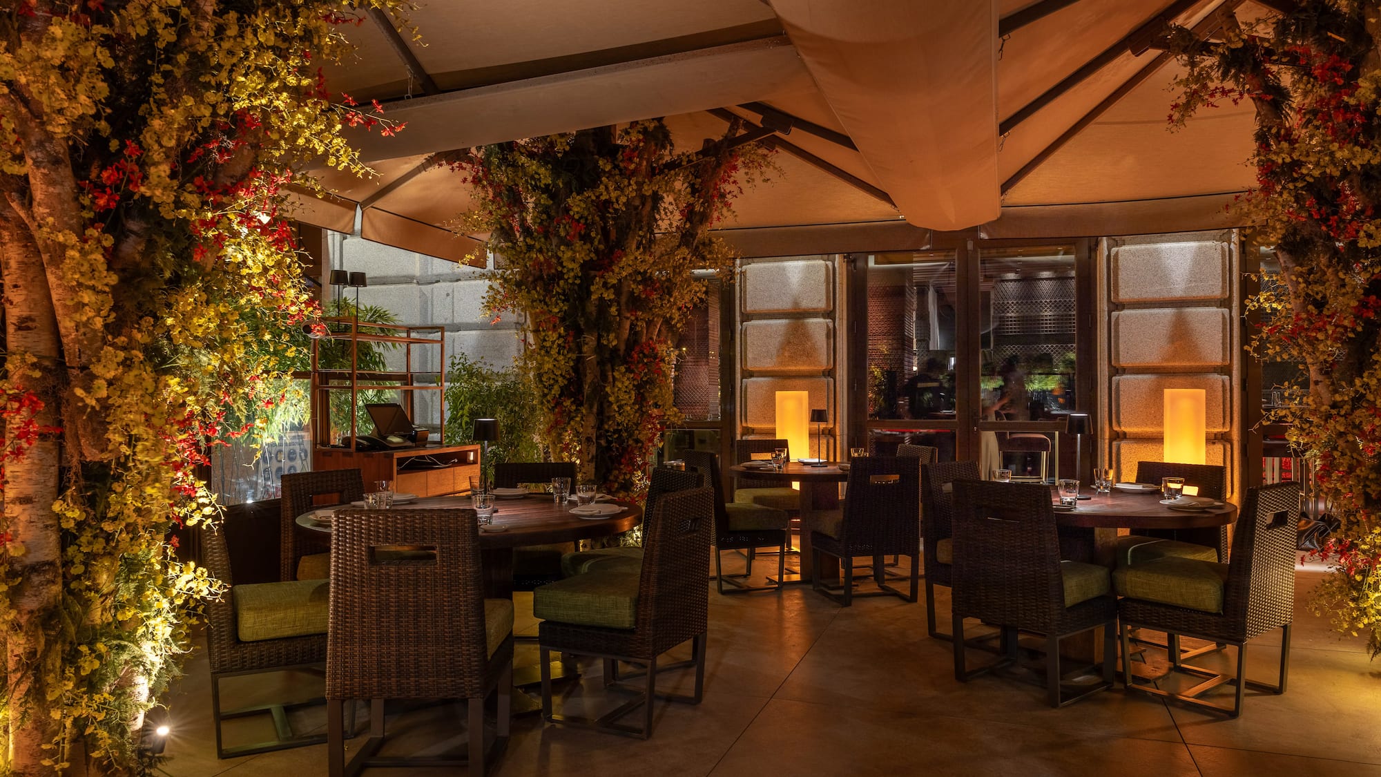 a room with tables and chairs