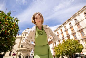 a woman in a green dress
