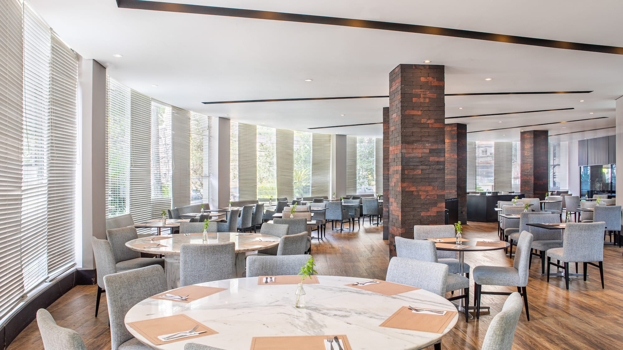 a room with tables and chairs