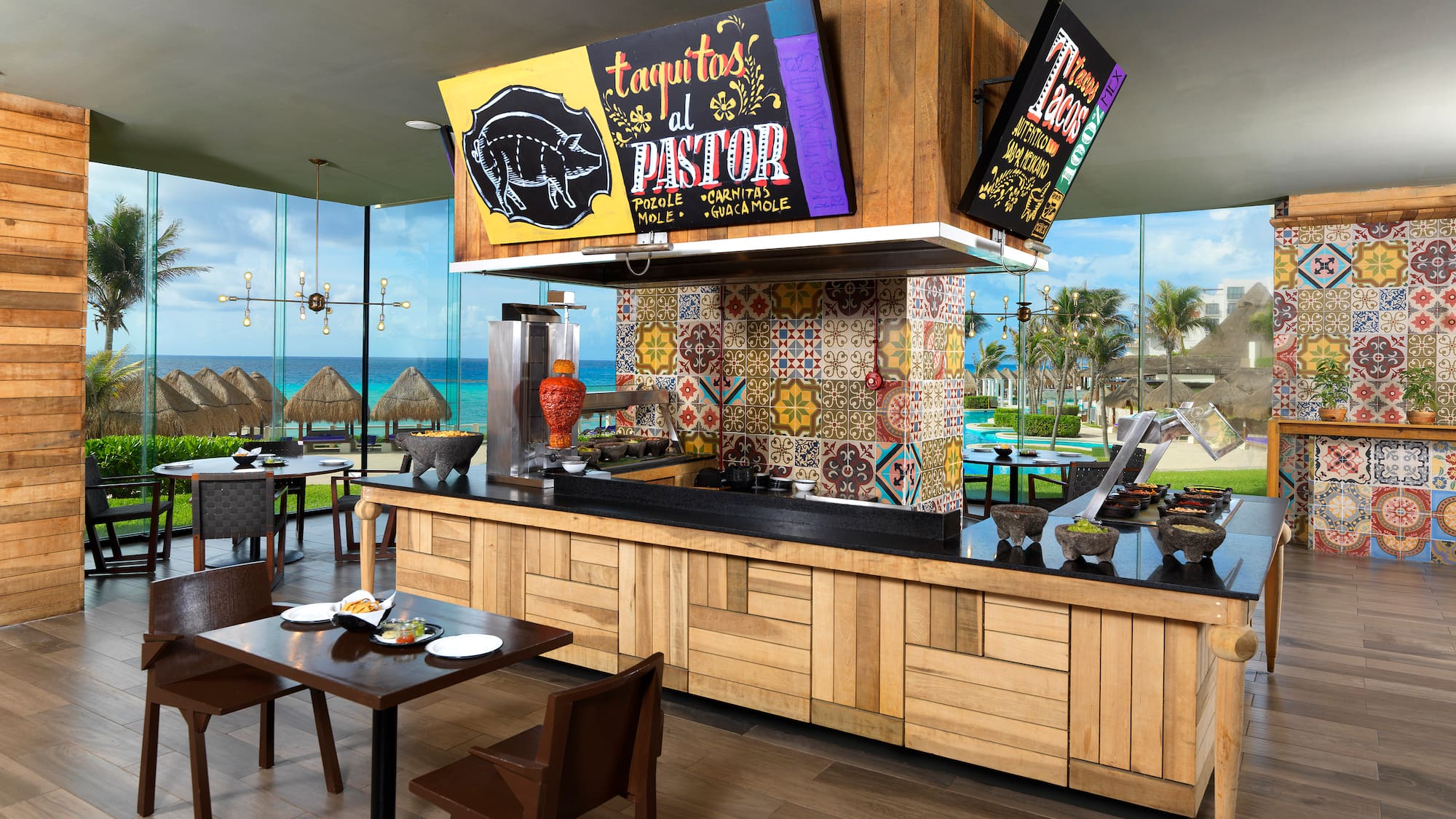 a restaurant with tables and chairs