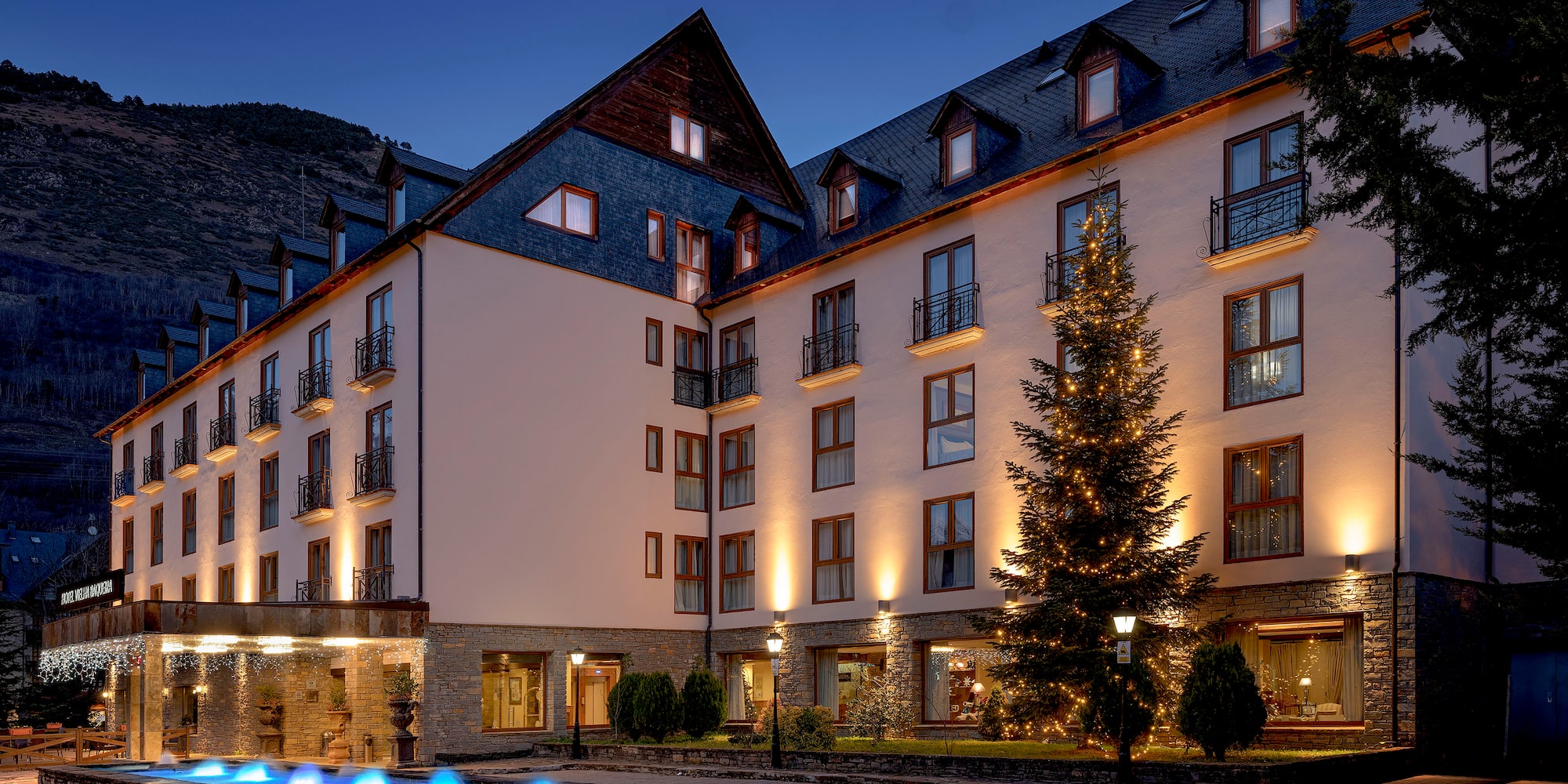 a building with lights on the outside