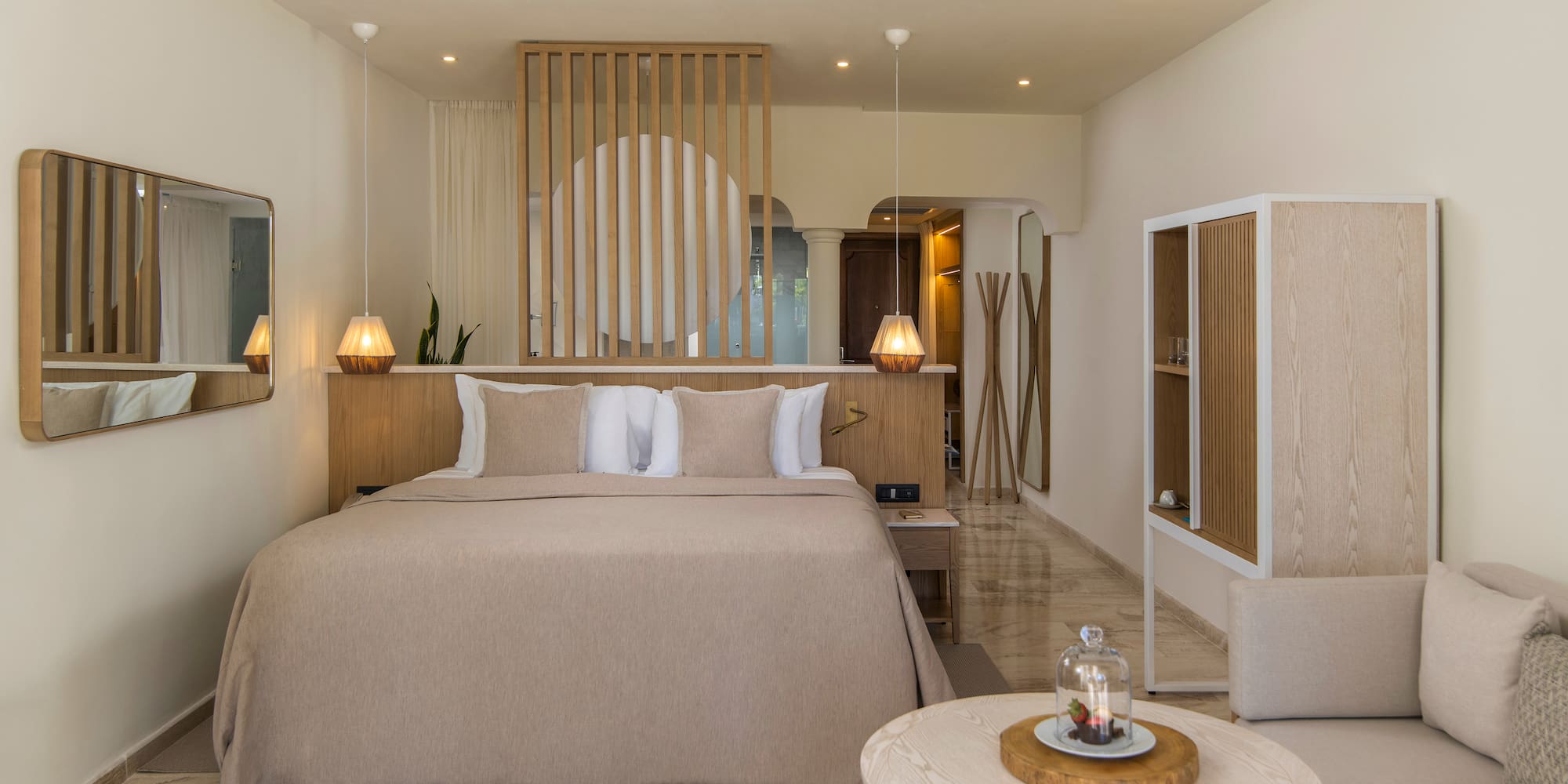 a room with a bed and a table