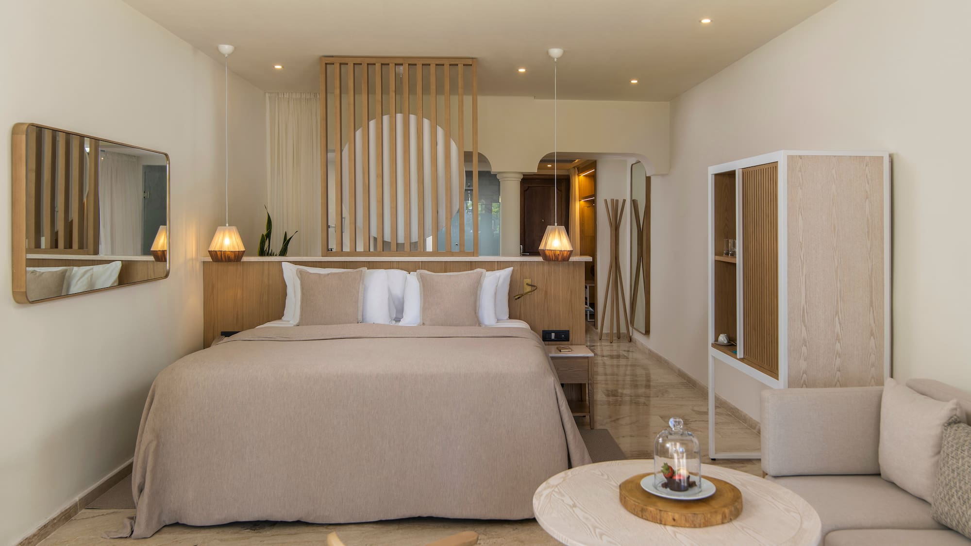 a room with a bed and a table