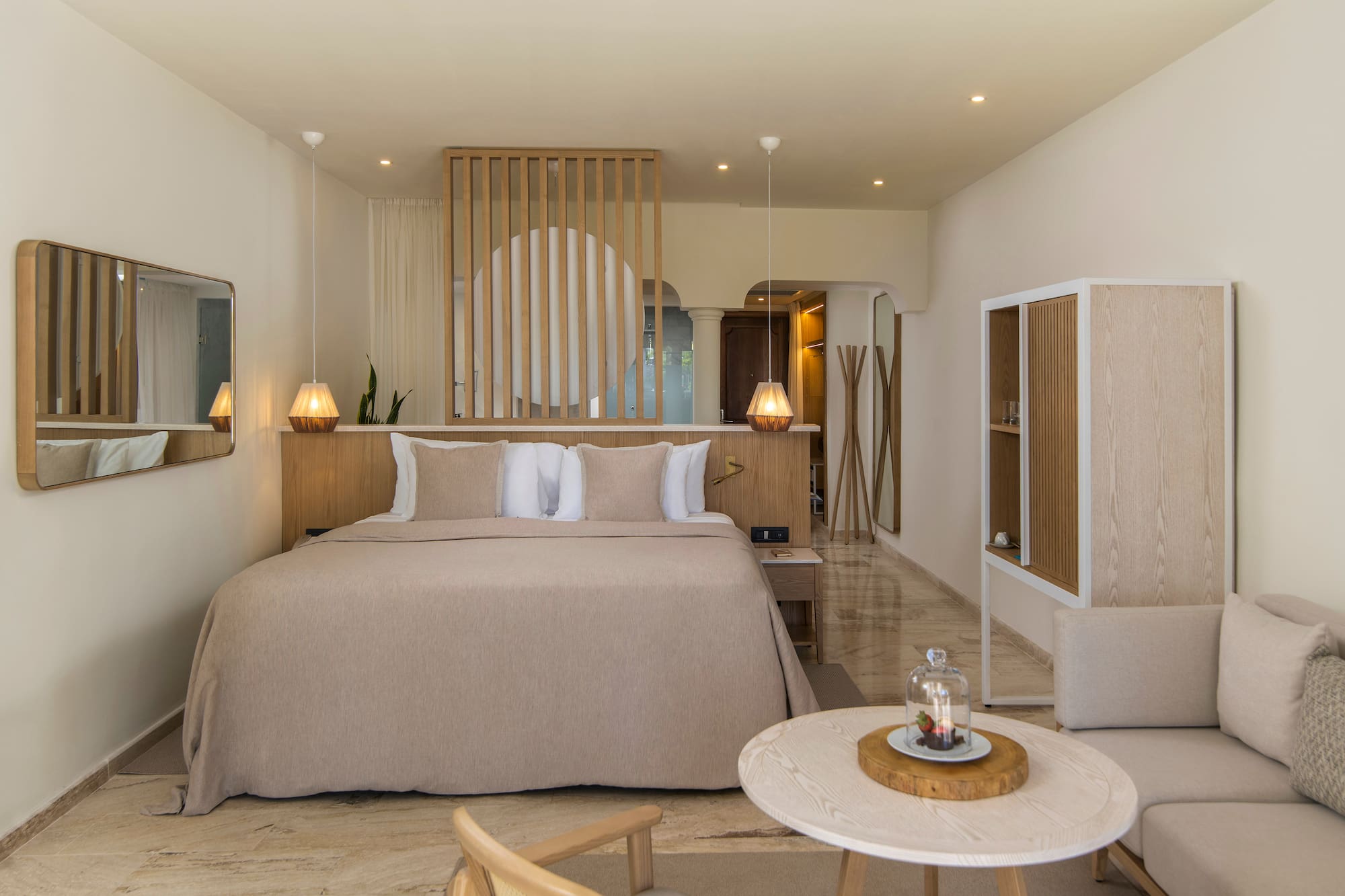 a room with a bed and a table