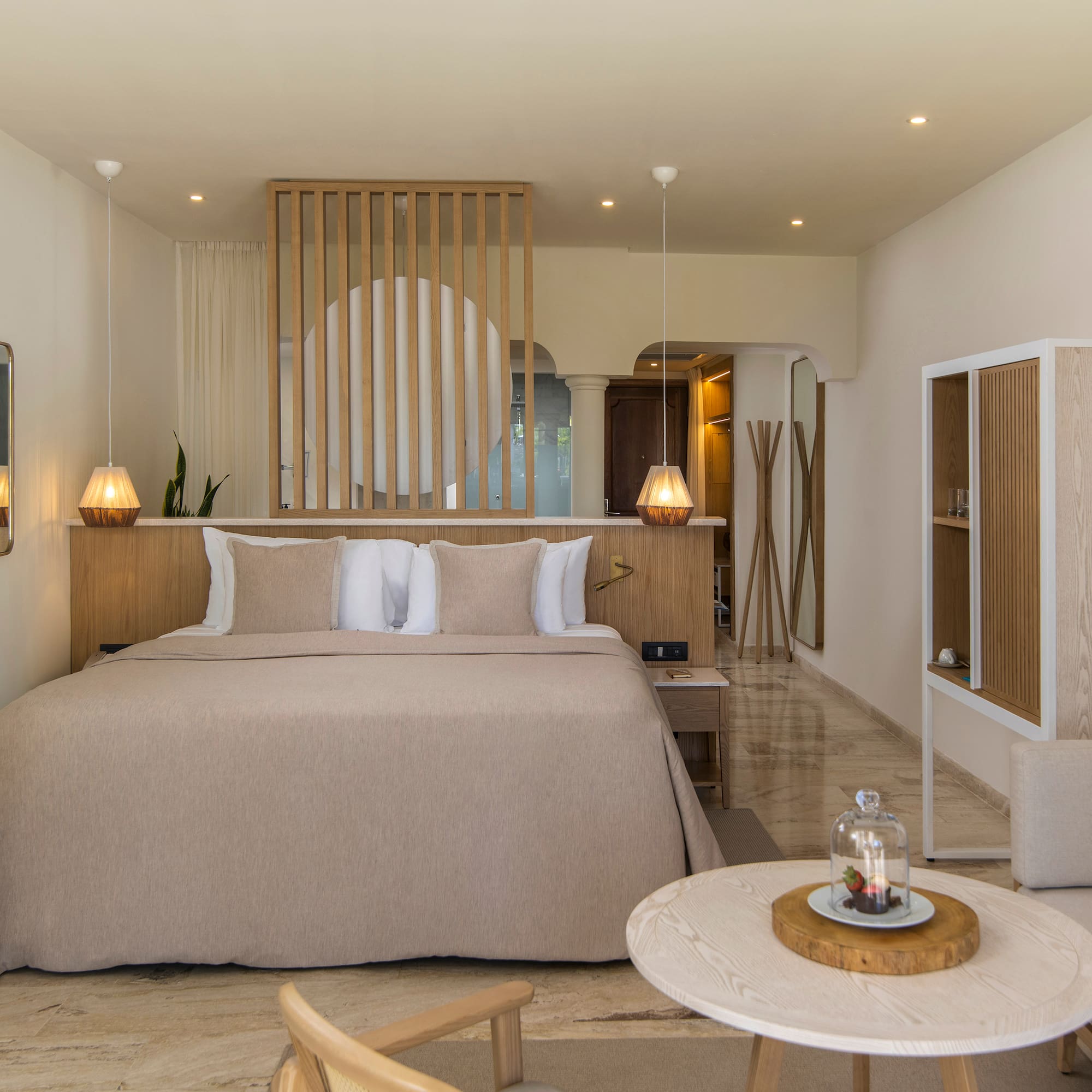 a room with a bed and a table